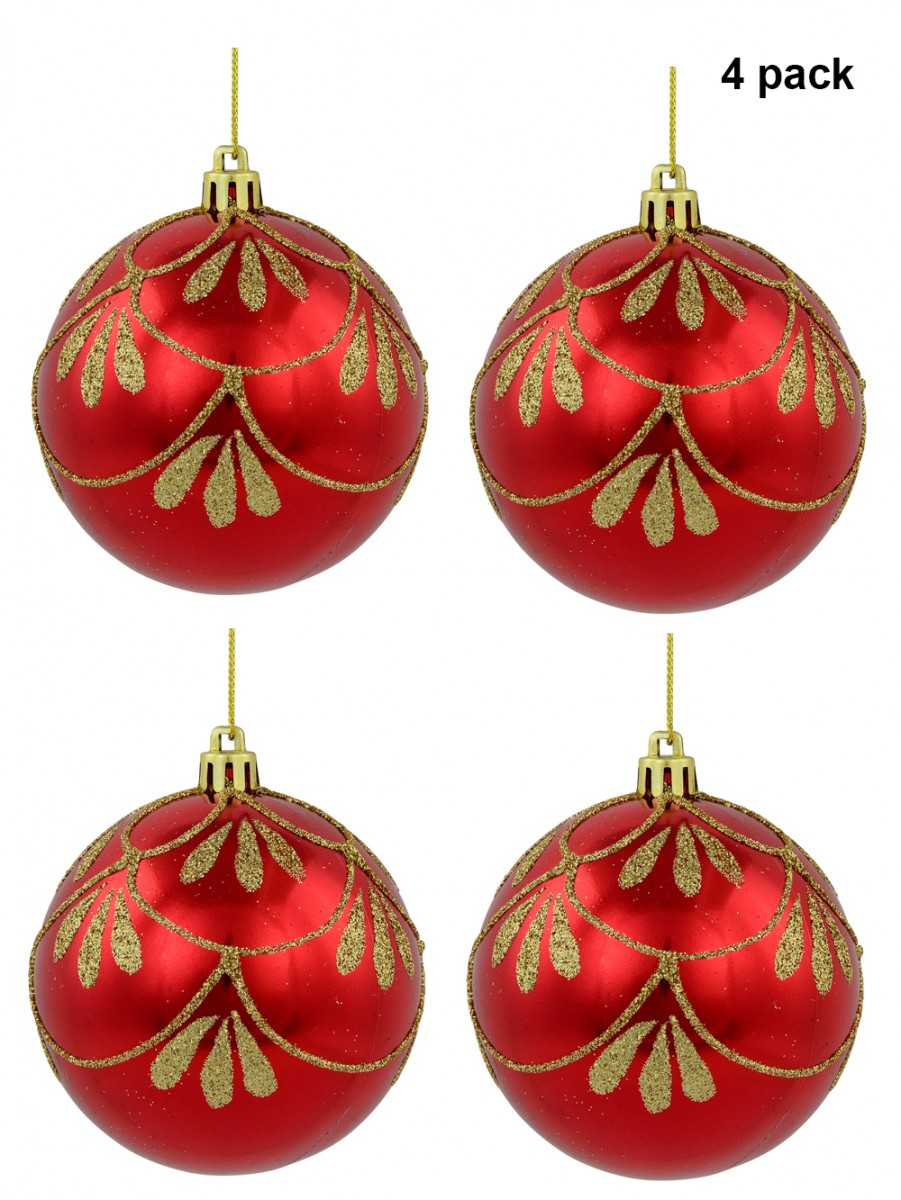 Metallic Red Baubles With Gold Glitter Pattern - 4 X 80mm | Christmas ...