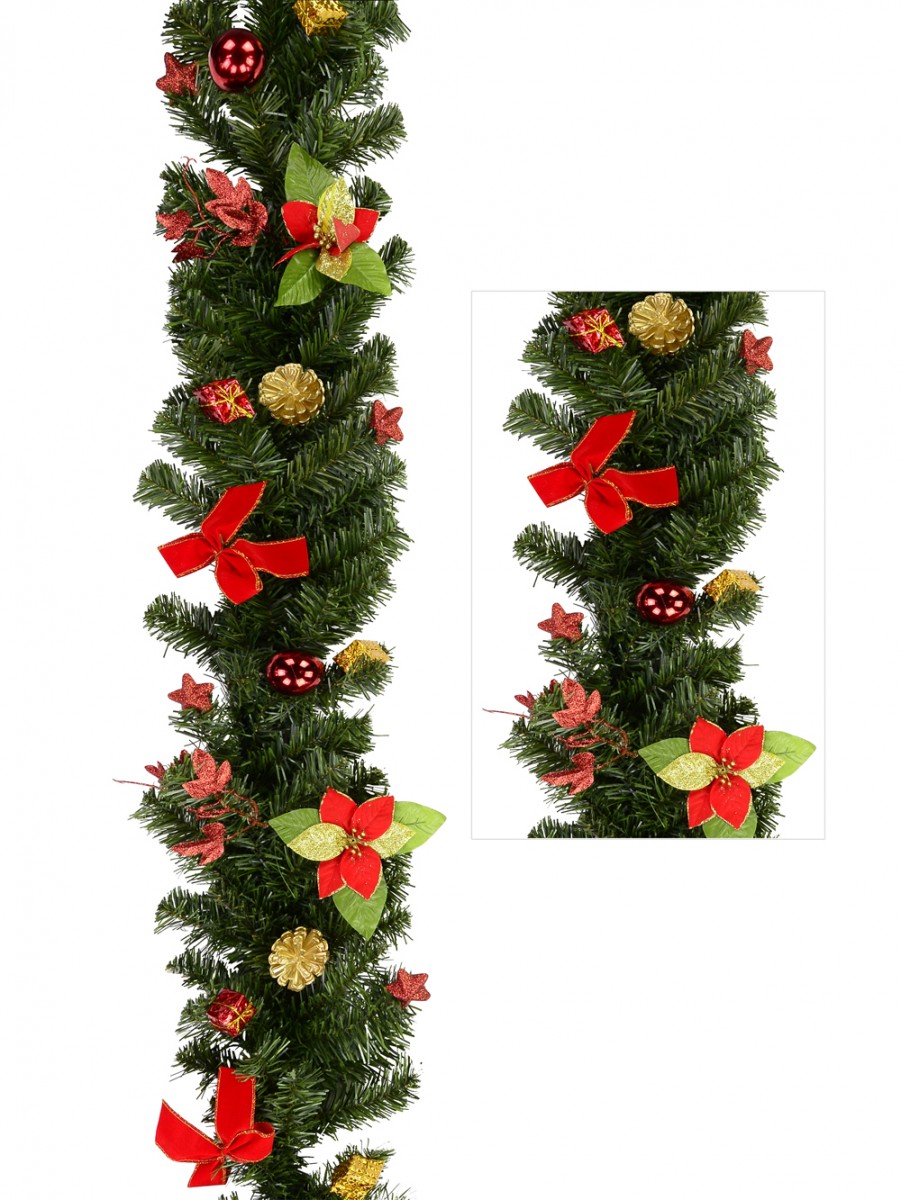 Red, Green & Gold PVC Pre-decorated Garland With Baubles & Bows - 2.3m ...