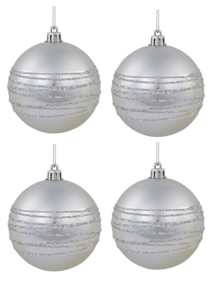 Silver Matte Baubles With Thick Shiny & Thin Glittered Stripes - 4 X ...