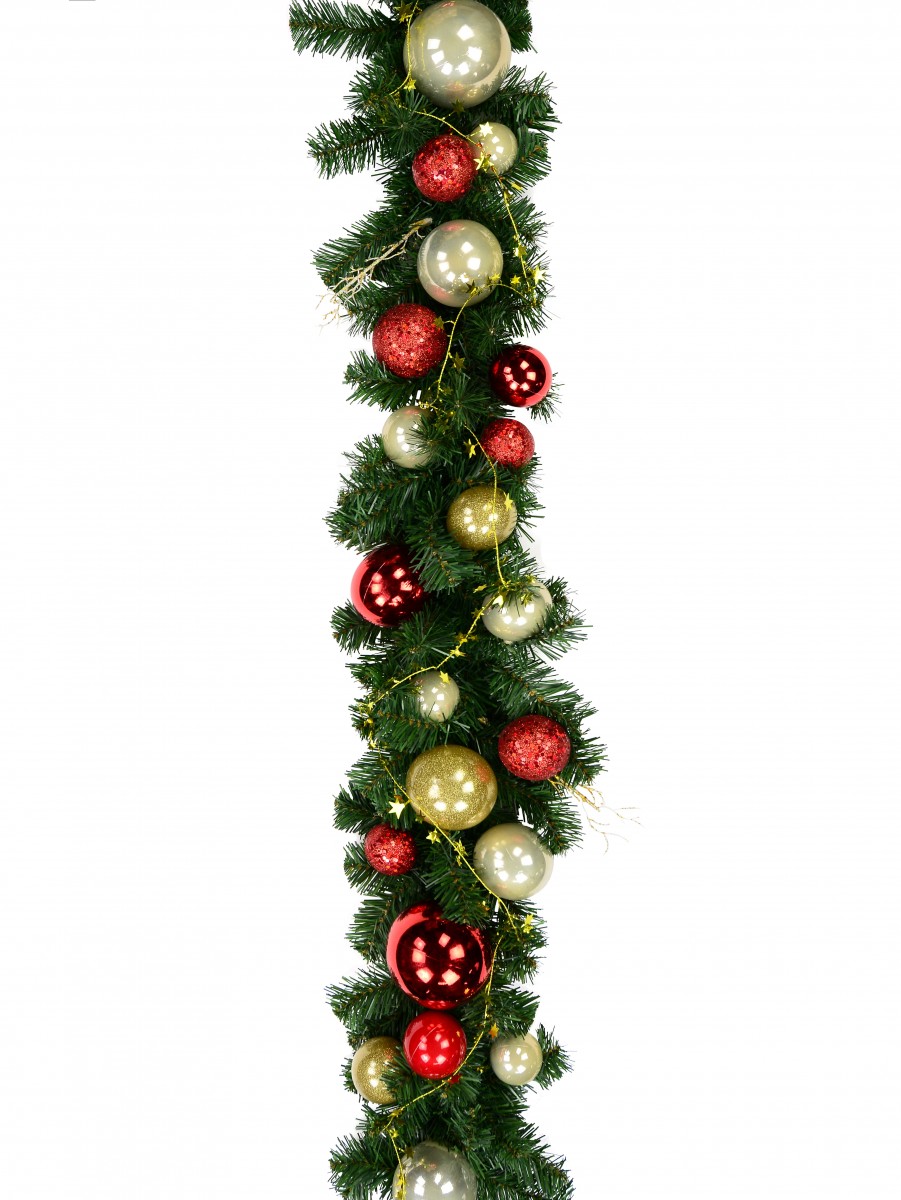 Decorated Red &amp; Gold Bauble, Ribbon &amp; Twigs Pine Garland - 2.7m