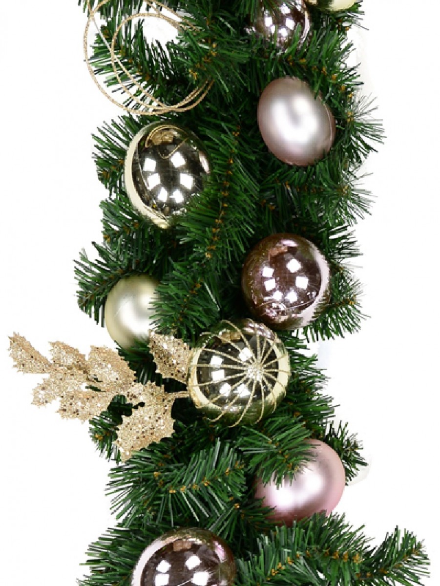 Champagne &amp; Pink Bauble, Holly Leaf &amp; Whisker Loops Garland - 2.7m