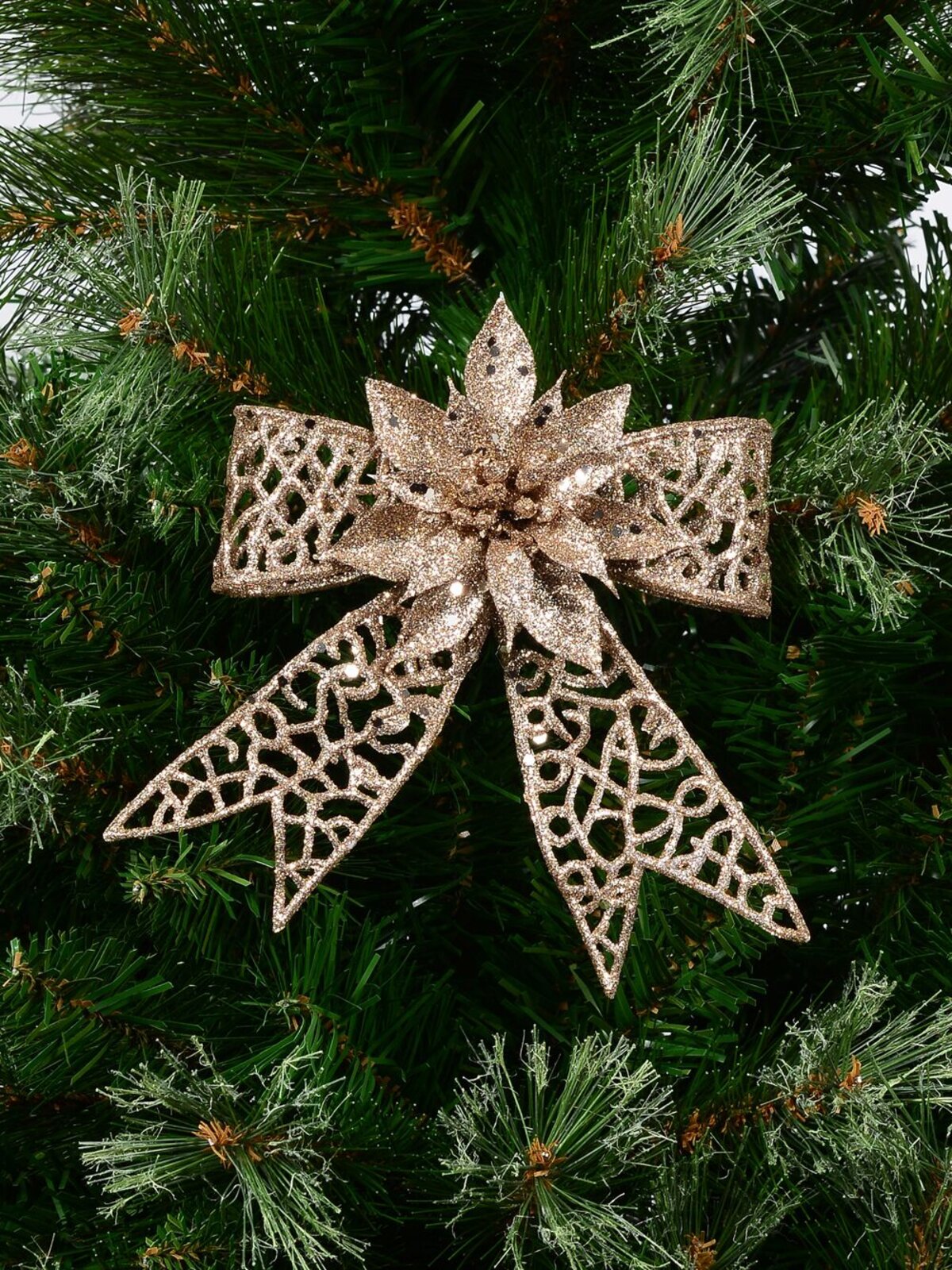 Champagne Mesh Poinsettia Flower & Ribbon Christmas Bow Clip Pick | 13cm — image 2