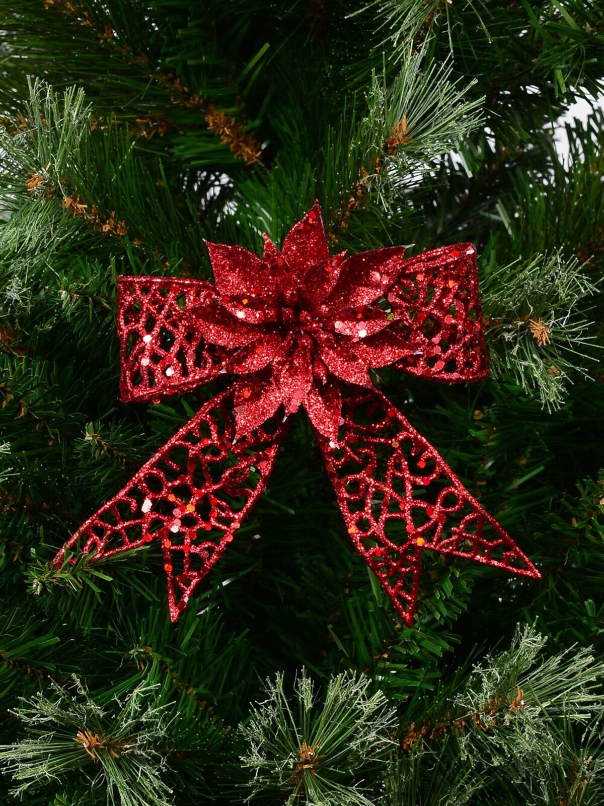 Red Mesh Poinsettia Flower & Ribbon Christmas Bow Clip Pick | 13cm — image 2
