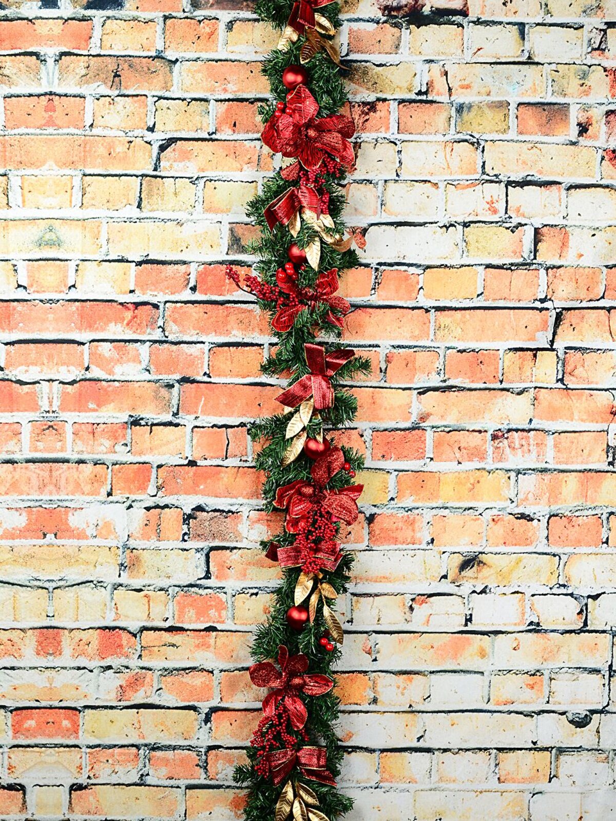 1.8m Decorated Red Poinsettia & Berry Garland | Gold Leaves & Baubles — image 5
