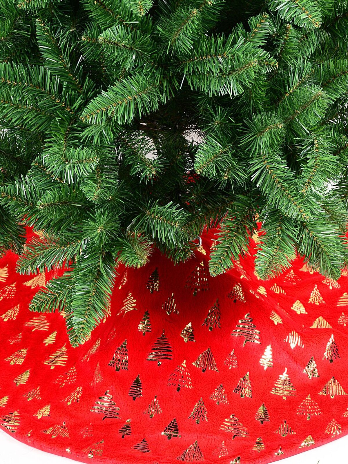 1m Red Plush Faux Fur & Gold Foil Trees Christmas Tree Skirt — image 5