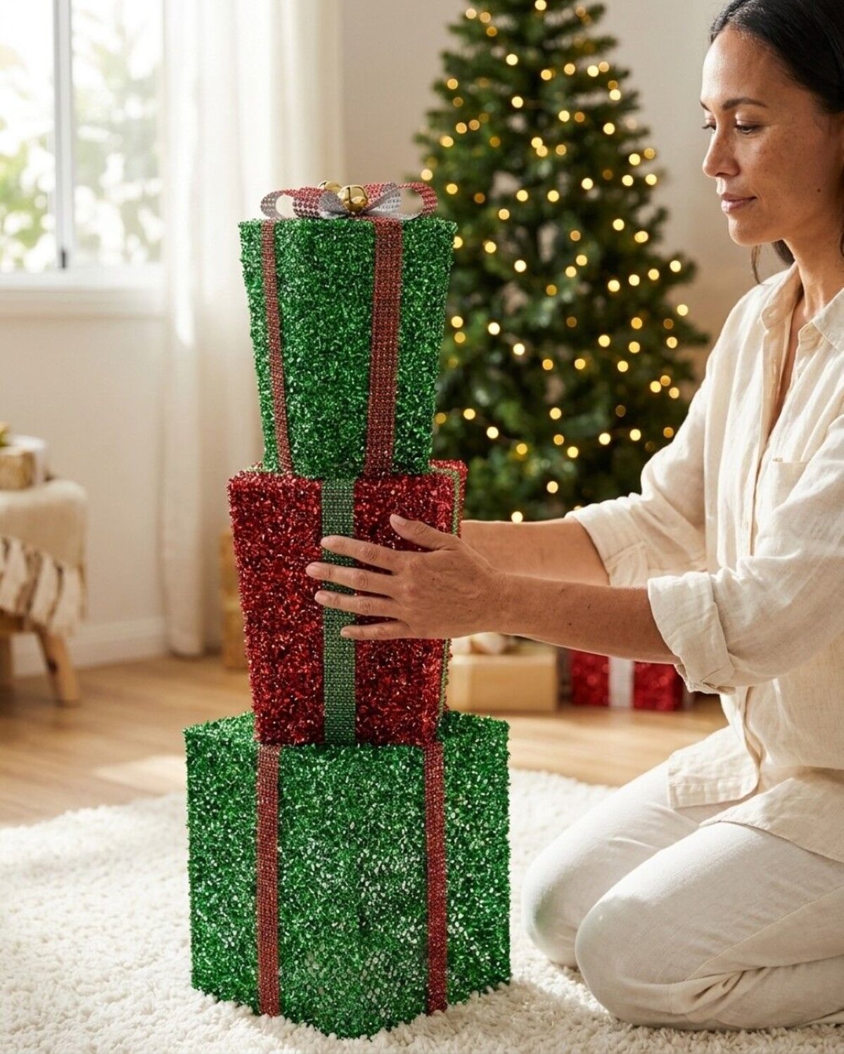 Tiered Green & Red Layered Tinsel Gift Boxes Large Display Decoration | 70cm — image 3