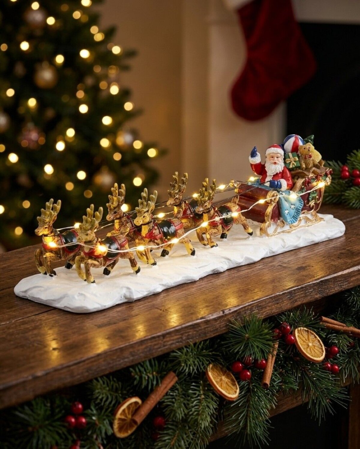 Santa, Sleigh & Reindeers In Snow With Warm White LED Lights | 22cm — image 2