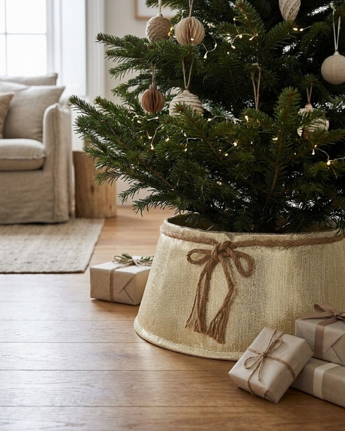 62cm Textured Gold & White Christmas Tree Collar With Rope Bow — image 4