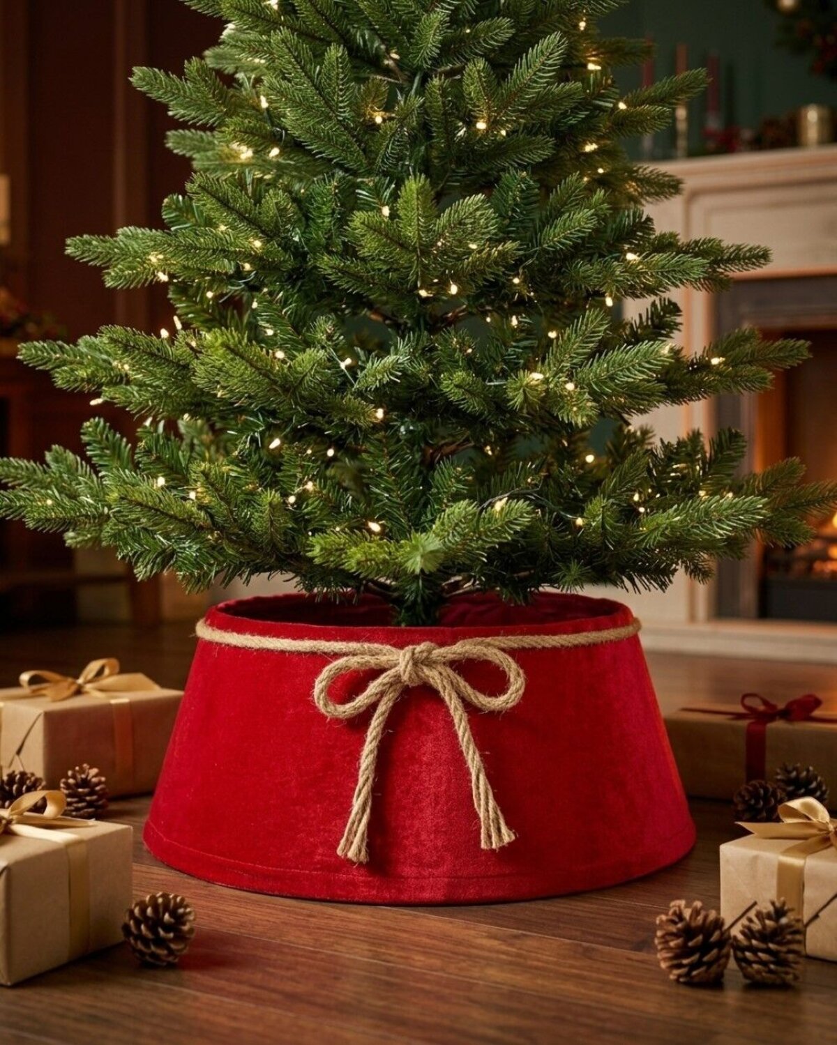 62cm Red Velvet Christmas Tree Collar With Rope Bow Knot — image 2