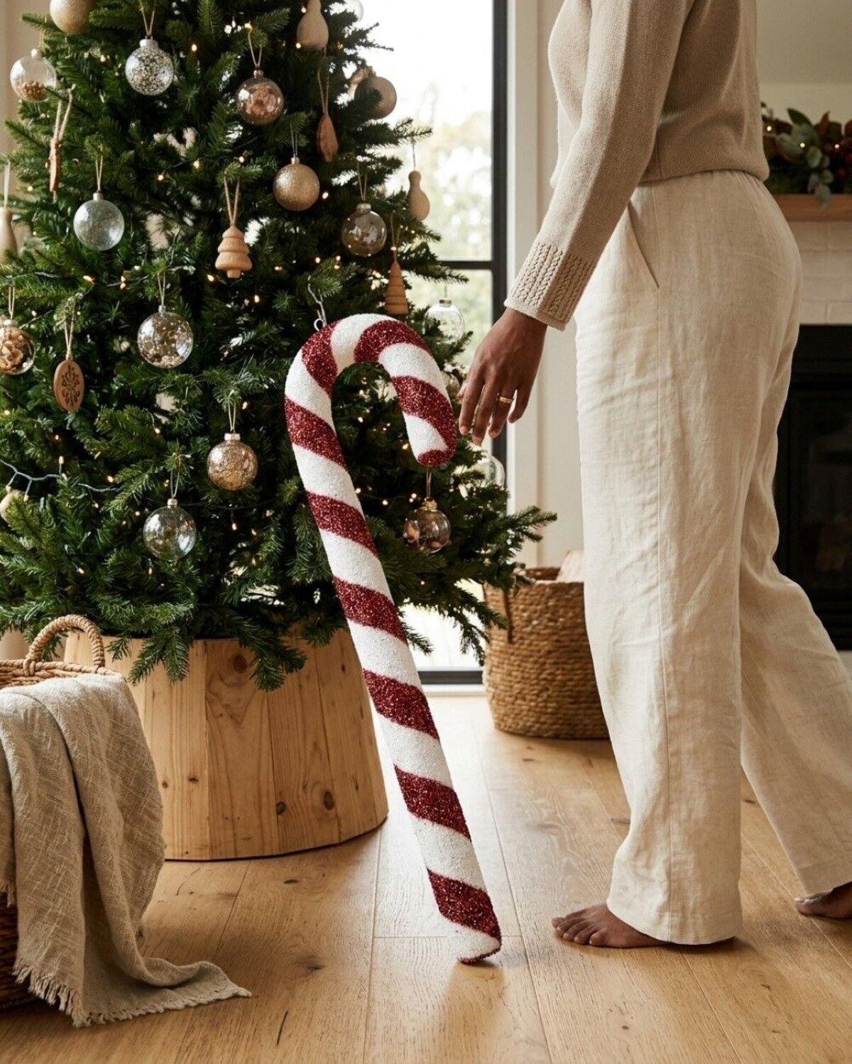 Red & White Swirl Christmas Candy Cane Tinsel Plaque Ornament | 90cm — image 4