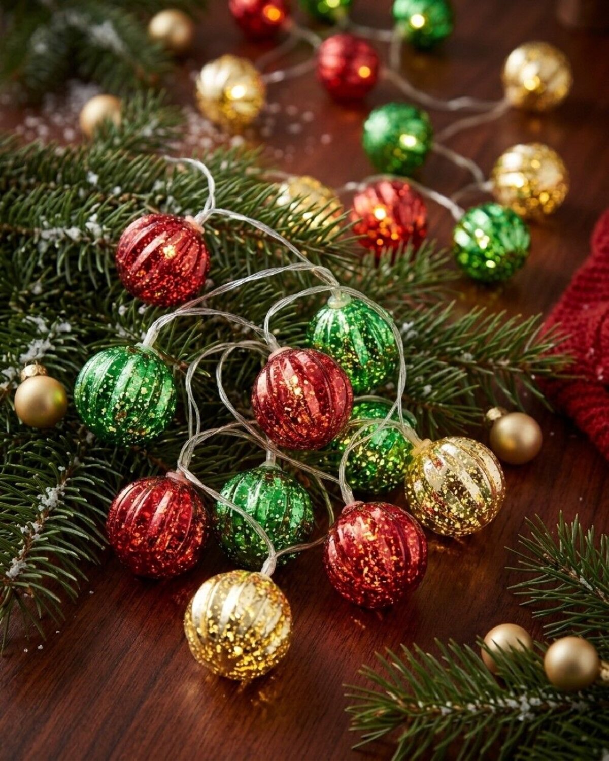 24 Warm White LED With Red Green & Gold Whirlpool Baubles | 3.4m — image 2