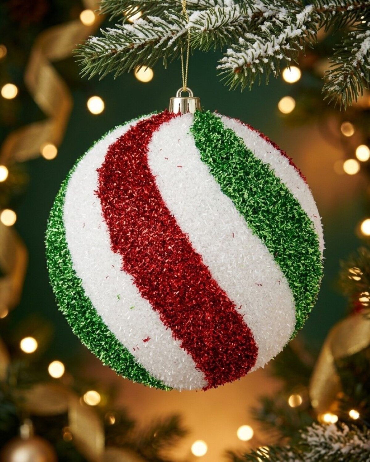 Red Green & White Tinsel Swirl Whimsical Large Display Bauble | 25cm — image 4