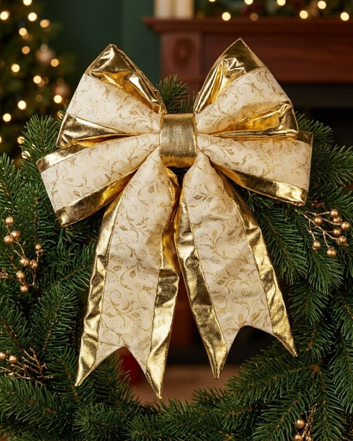 50cm Champagne & Gold Glitter Floral Pattern Monumental Bow — image 2