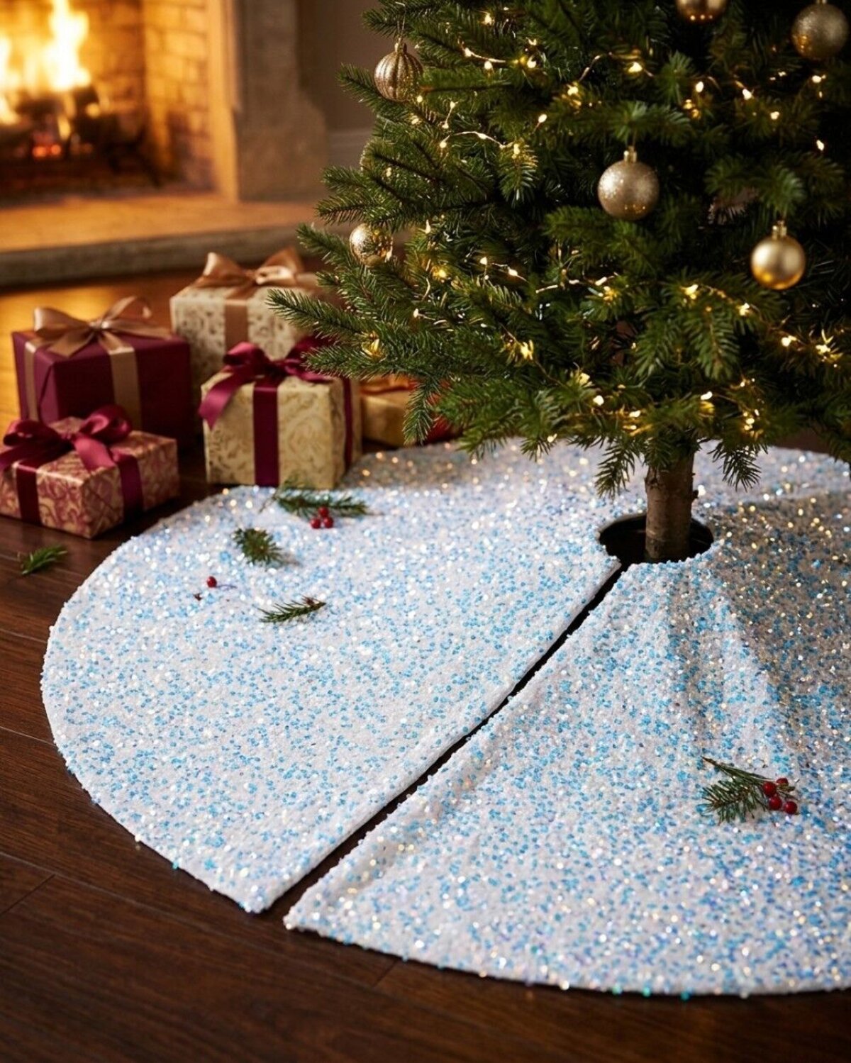 1m White Plush Faux Suede & Iridescent Sequin Christmas Tree Skirt — image 4