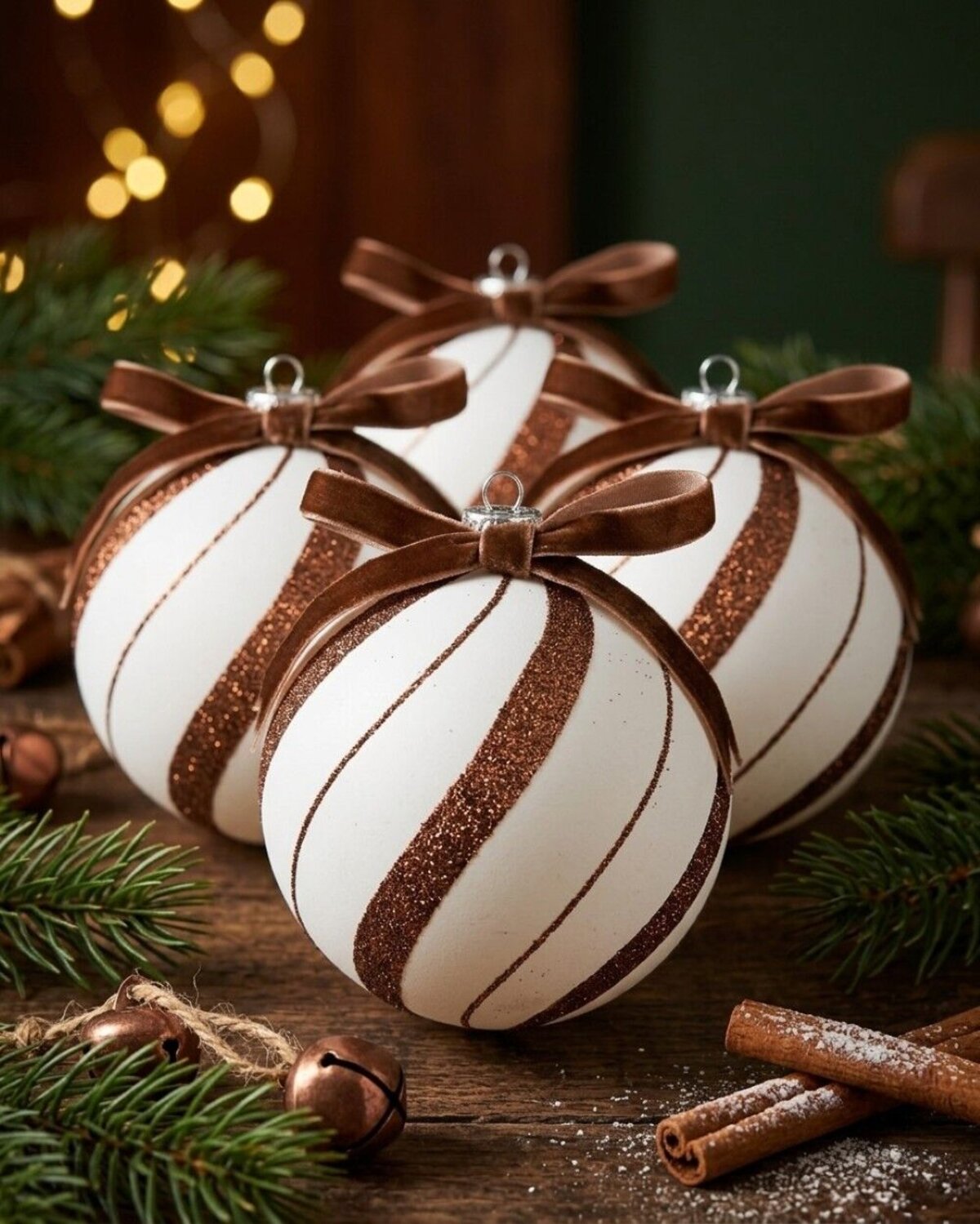 4x Whimsical White & Brown Signature Candy Swirl Baubles | 10cm — image 2