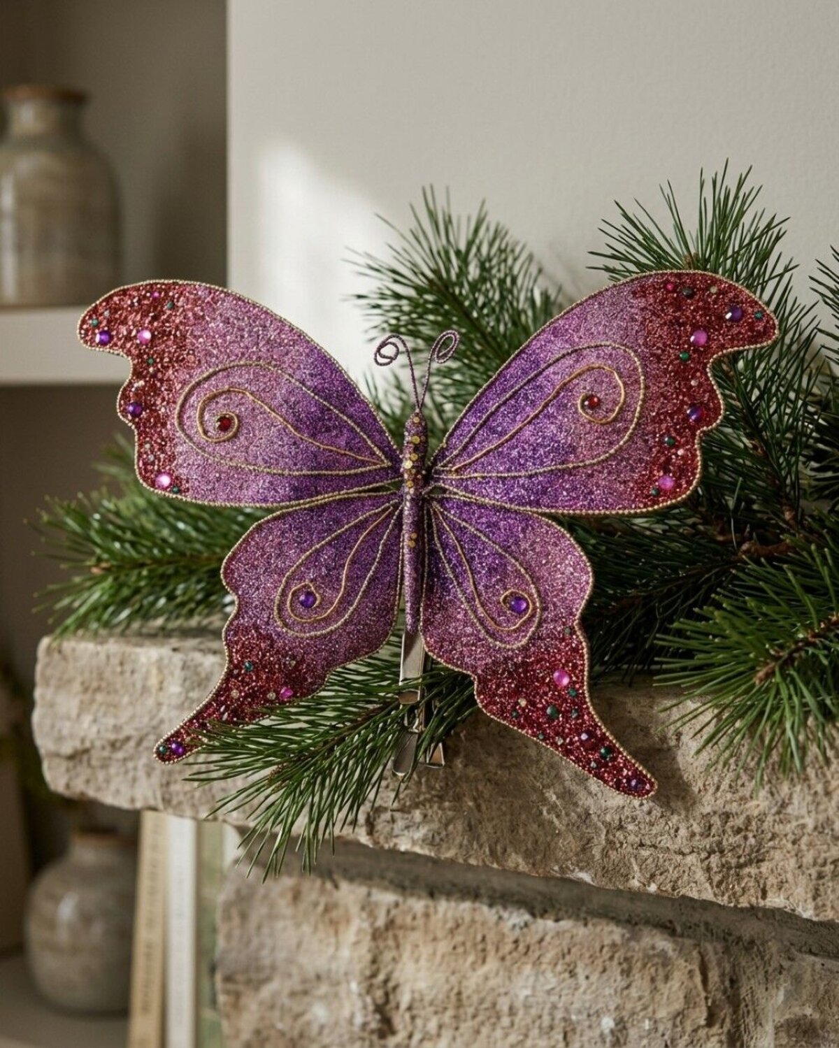 Large Purple To Pink Bejeweled Butterfly Christmas Clip Pick | 52cm — image 2