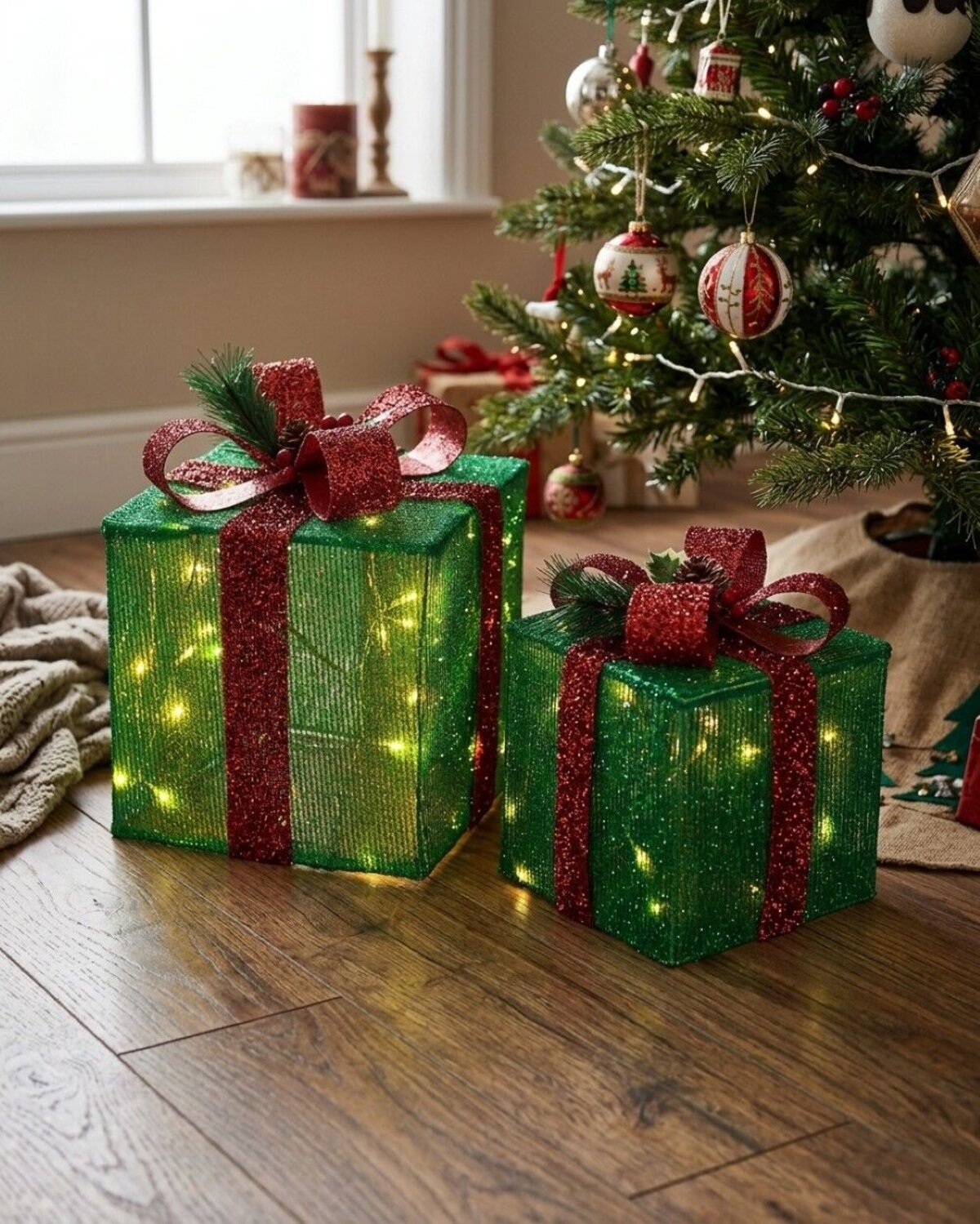 Green Glitter Mesh 3D Gift Box LED Display Set | 25cm & 20cm — image 4