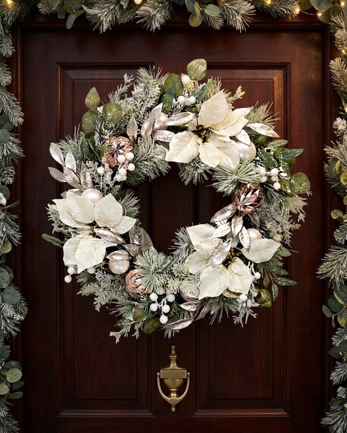 58cm Blush Meadow Flocked Wreath | Elegant Poinsettia & Gold Botanicals — image 4