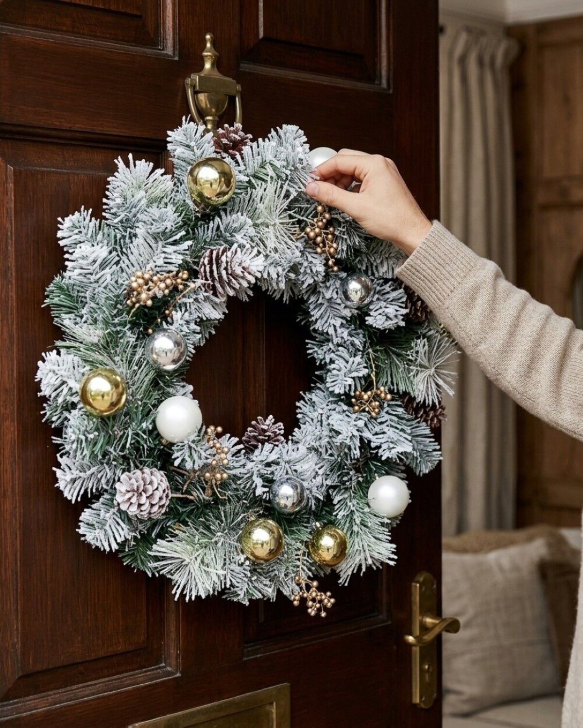 60cm Decorated Flocked Pine & Spruce Wreath | Gold, Silver & White Baubles — image 4