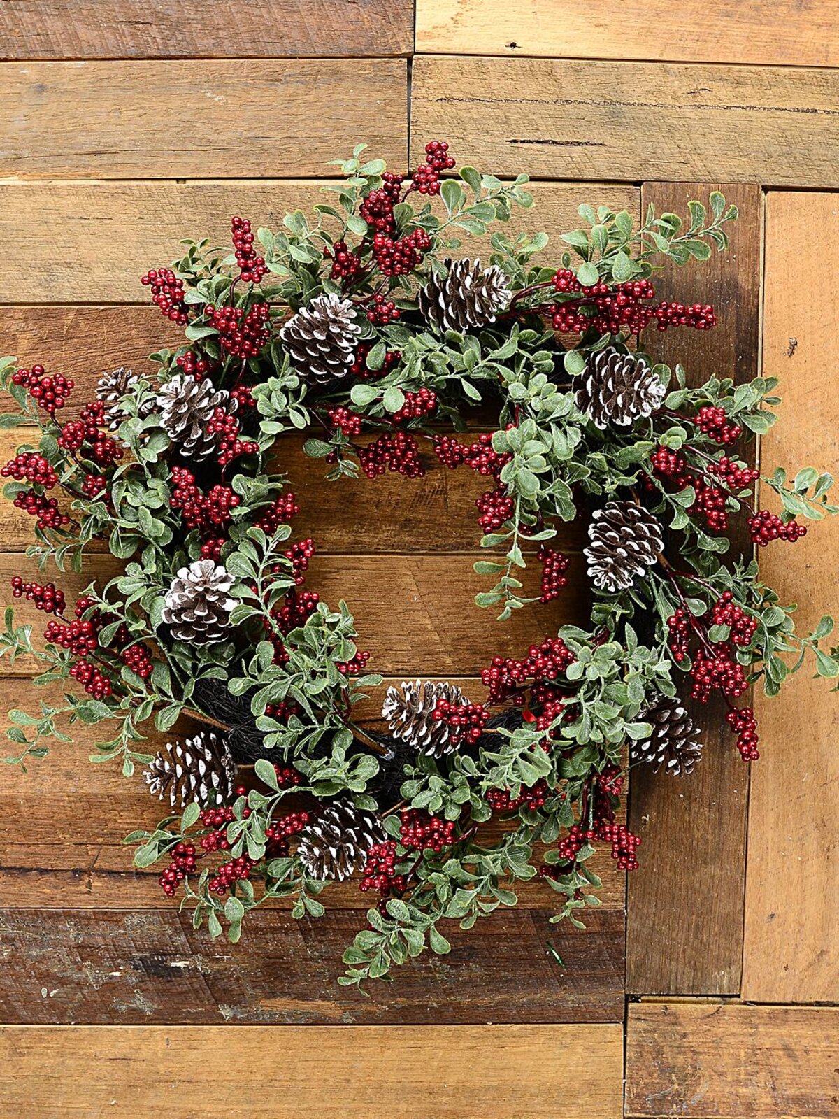 55cm Boxwood & Red Berry Christmas Vine Wreath | Snow Tipped Pine Cones — image 5