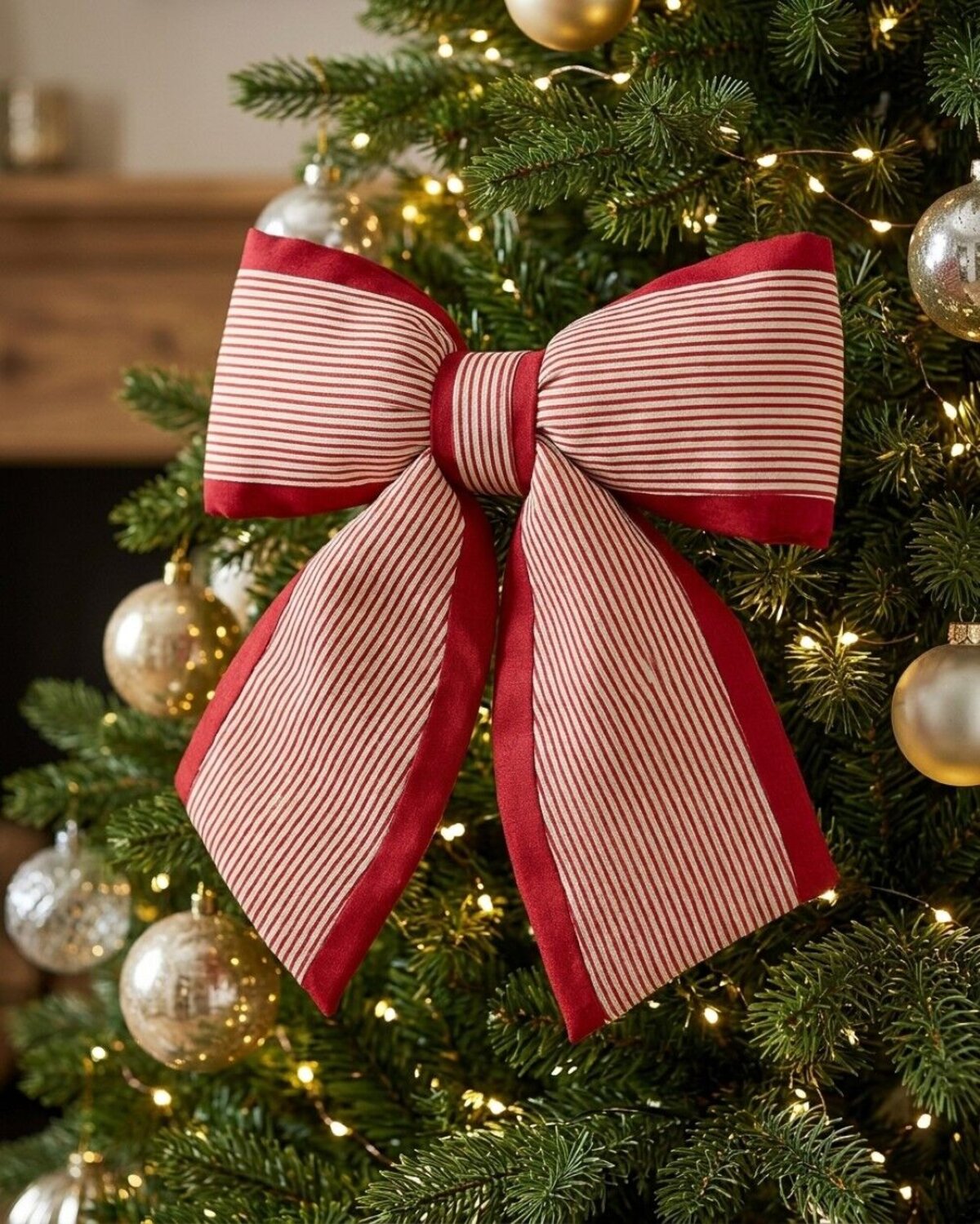 Red & Cream Ticking Stripe Fabric Padded Signature Bow | 51cm — image 2