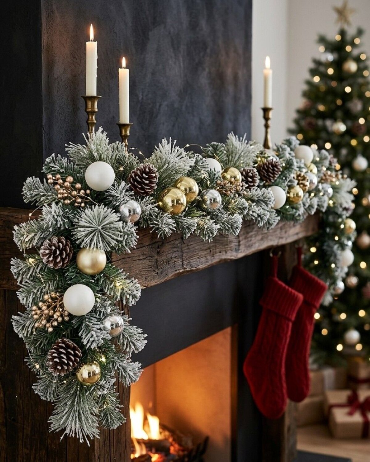 2.7m Decorated Flocked Pine & Spruce Garland | Gold Silver & White Baubles — image 2