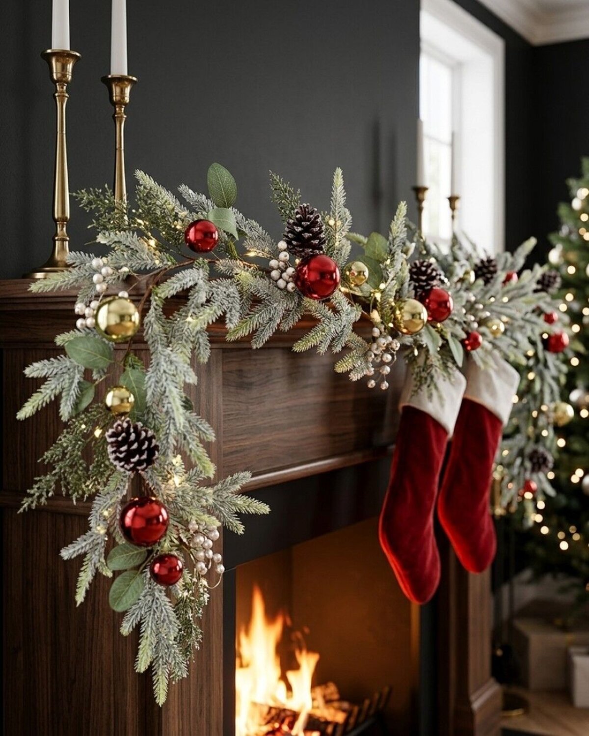 2.7m Decorated Cedar & Mixed Foliage Christmas Garland | Red & Gold Baubles — image 4