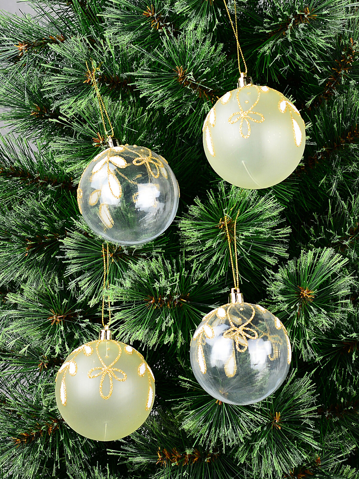 4x Celestial Clear & Cream Signature Botanical Gold Filigree Baubles | 80mm
