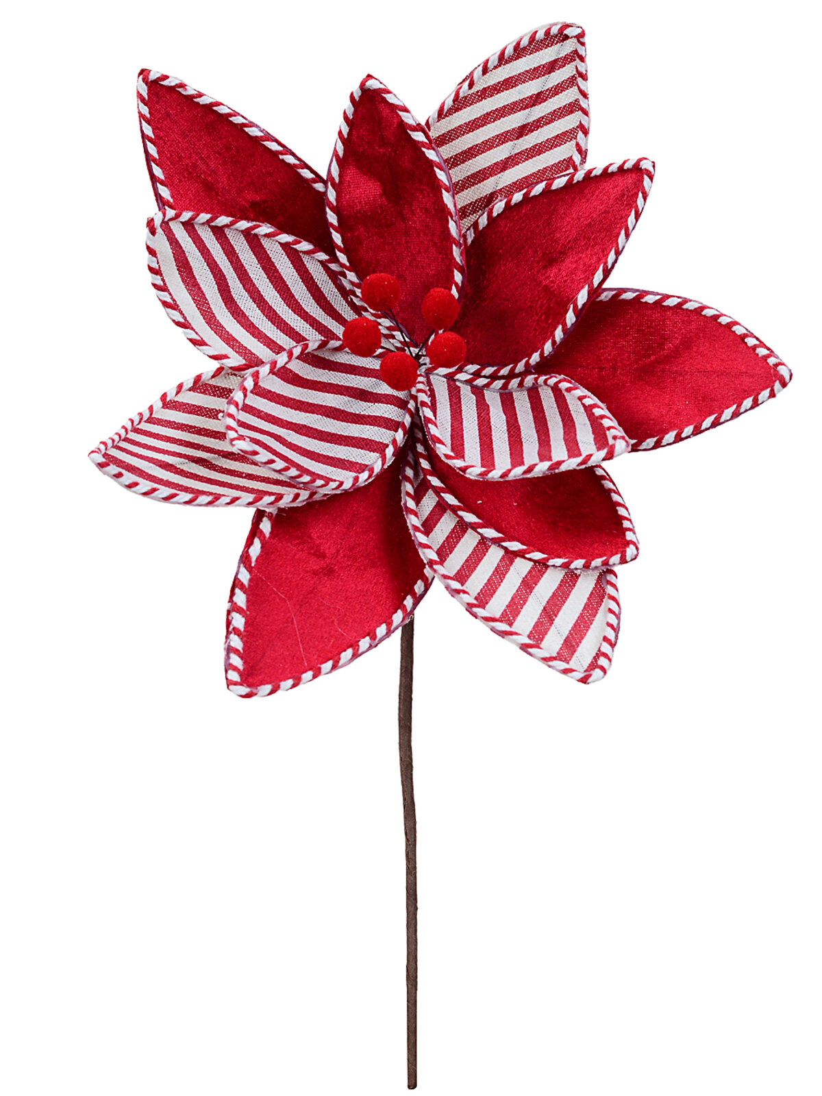 Red Candy Stripe Velour & Jute Poinsettia Christmas Stem | 30cm — image 3