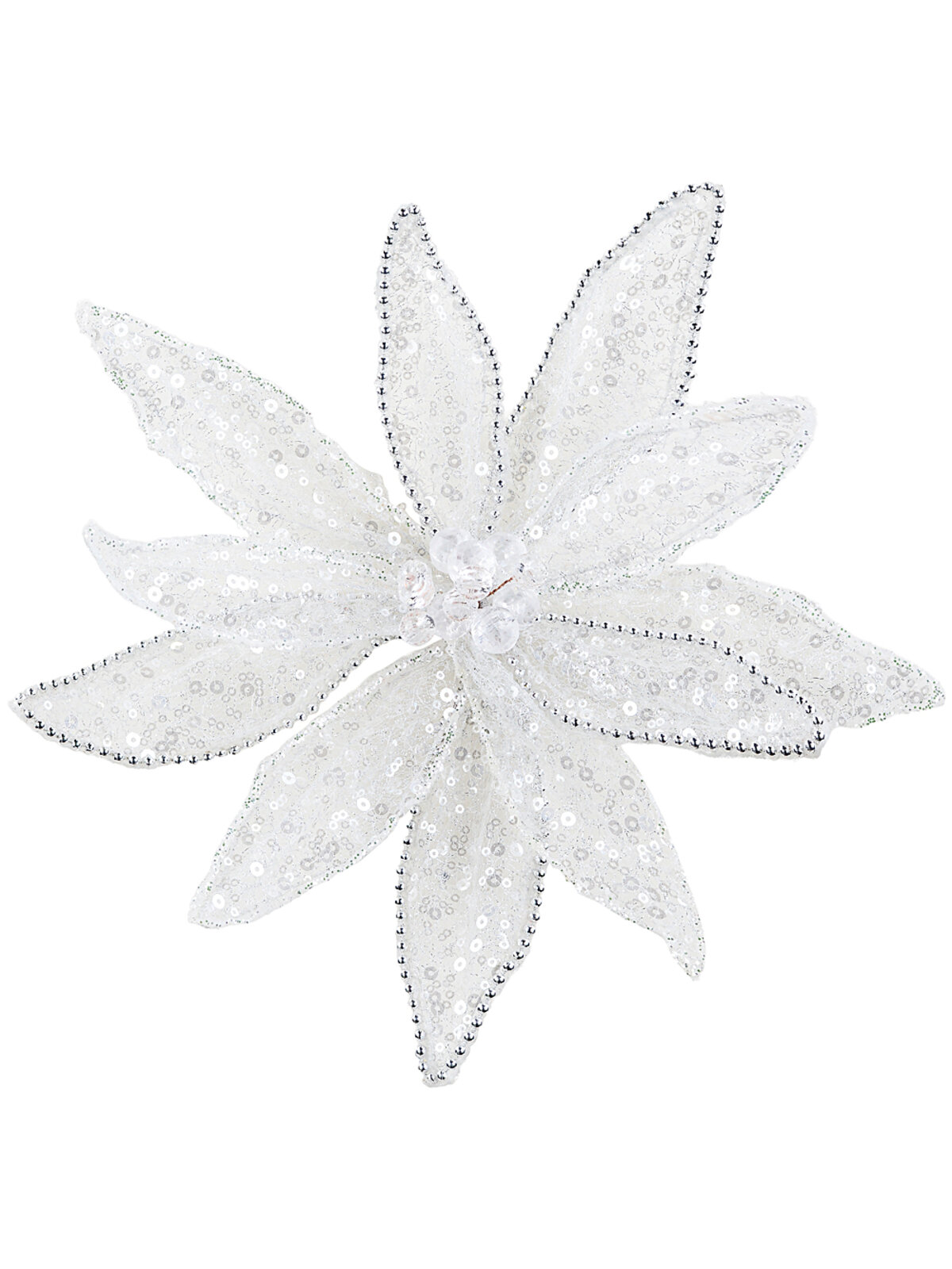 Silver Bead & Iridescent White Organza Lattice Poinsettia Clip Stem | 30cm