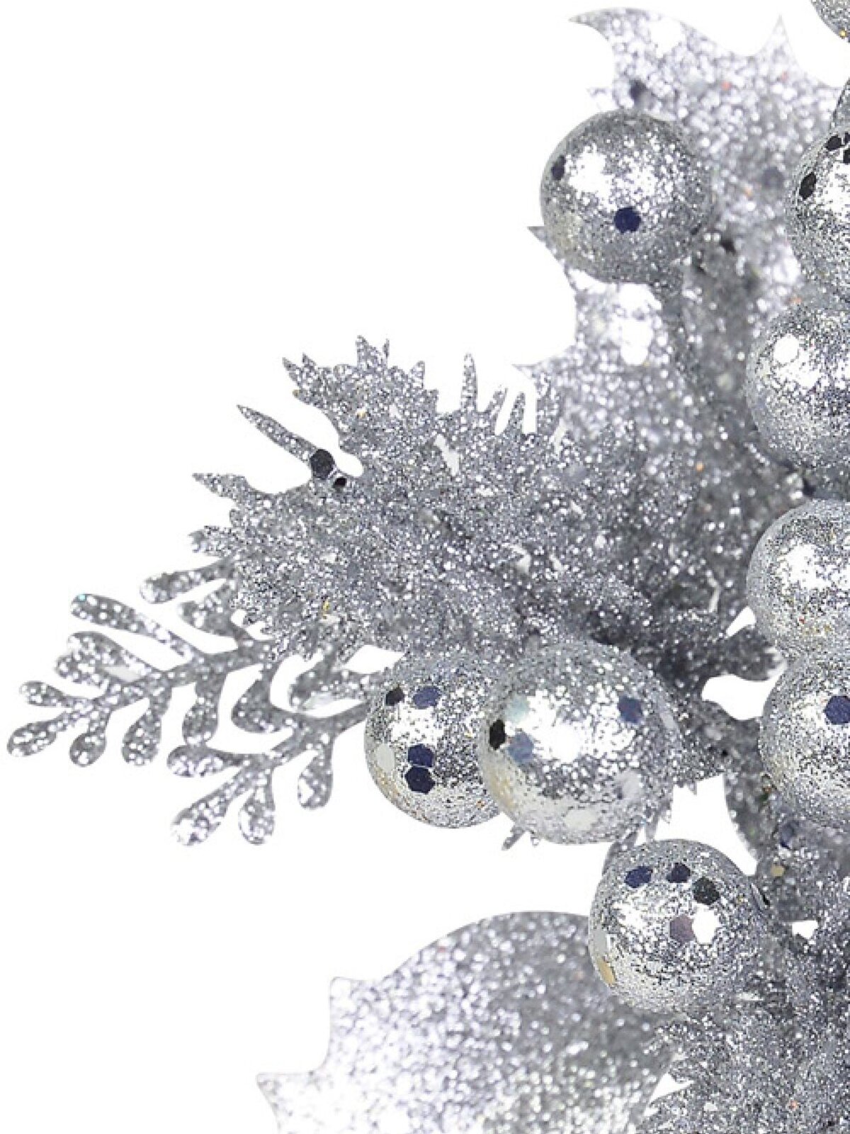 20cm Silver Berries With Twigs & Leaves Foliage Christmas Tree Stem Pick