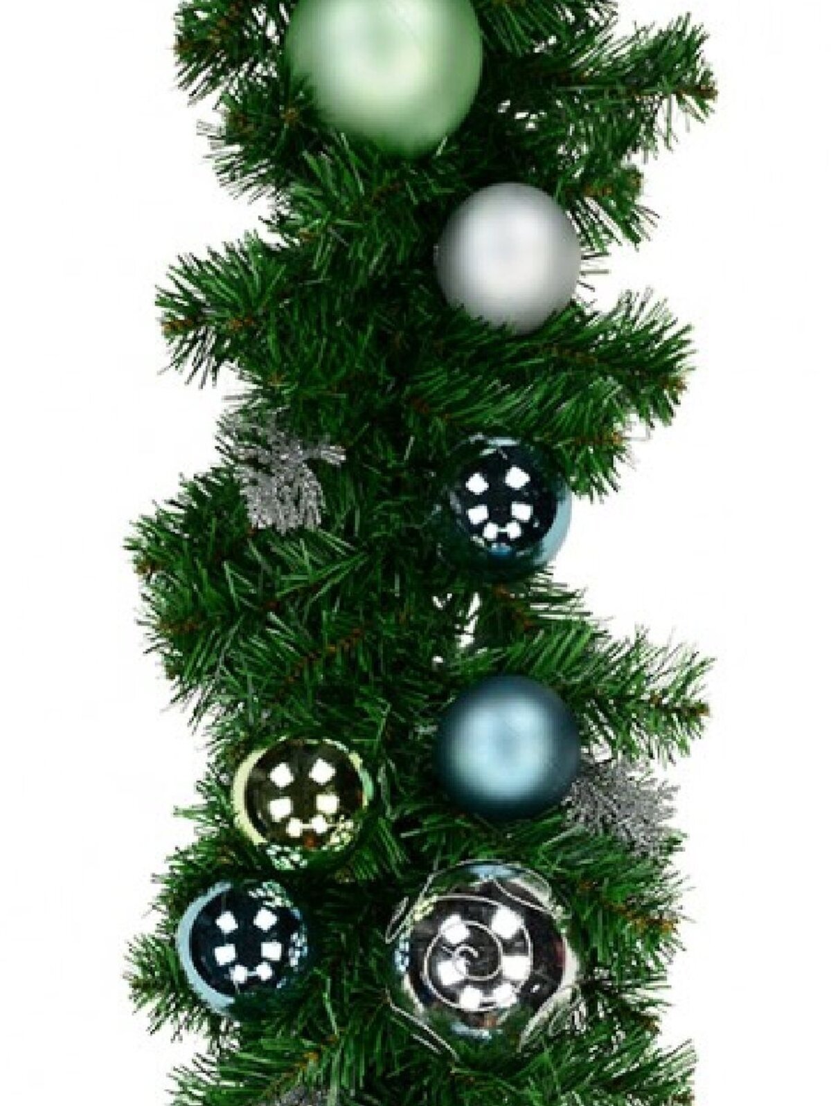2.3m Decorated Blue, Silver & Mint Baubles & Silver Ferns Fir Garland
