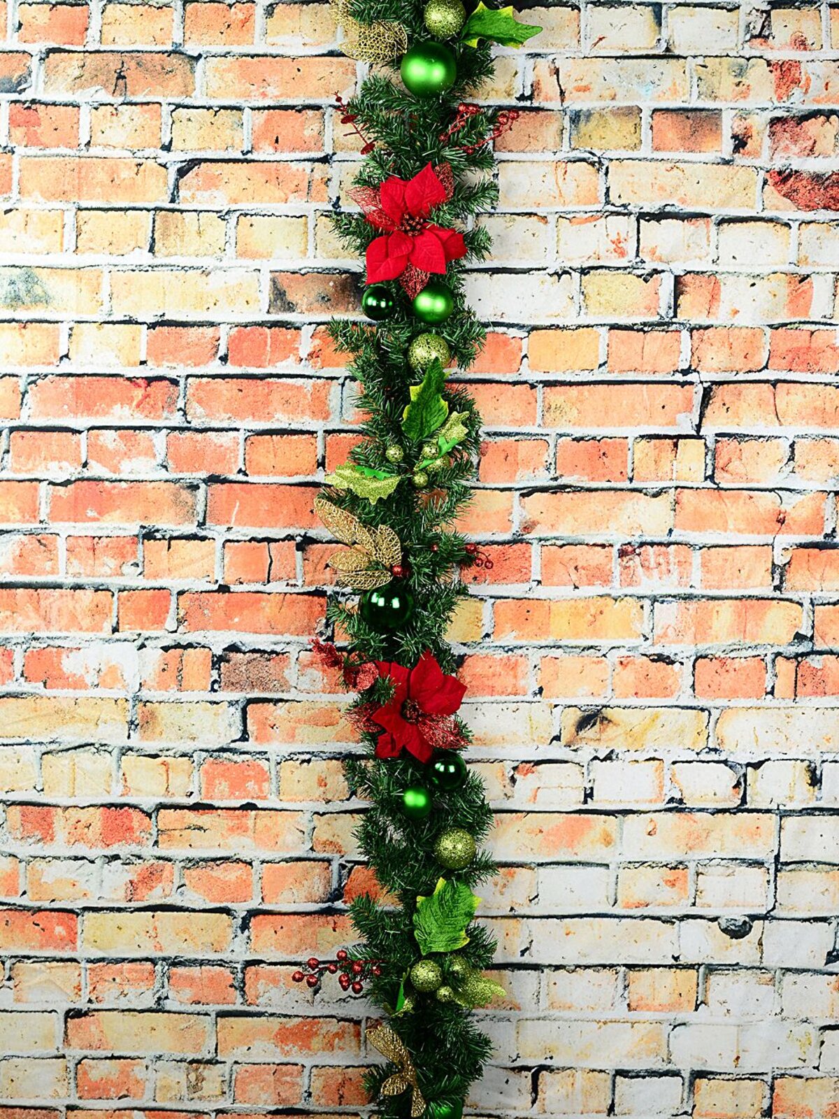 2.3m Decorated Red Poinsettia, Mistletoe, Foliage & Baubles Pine Garland — image 2