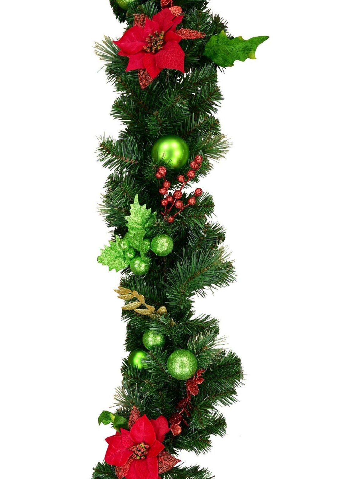 2.3m Decorated Red Poinsettia, Mistletoe, Foliage & Baubles Pine Garland — image 3