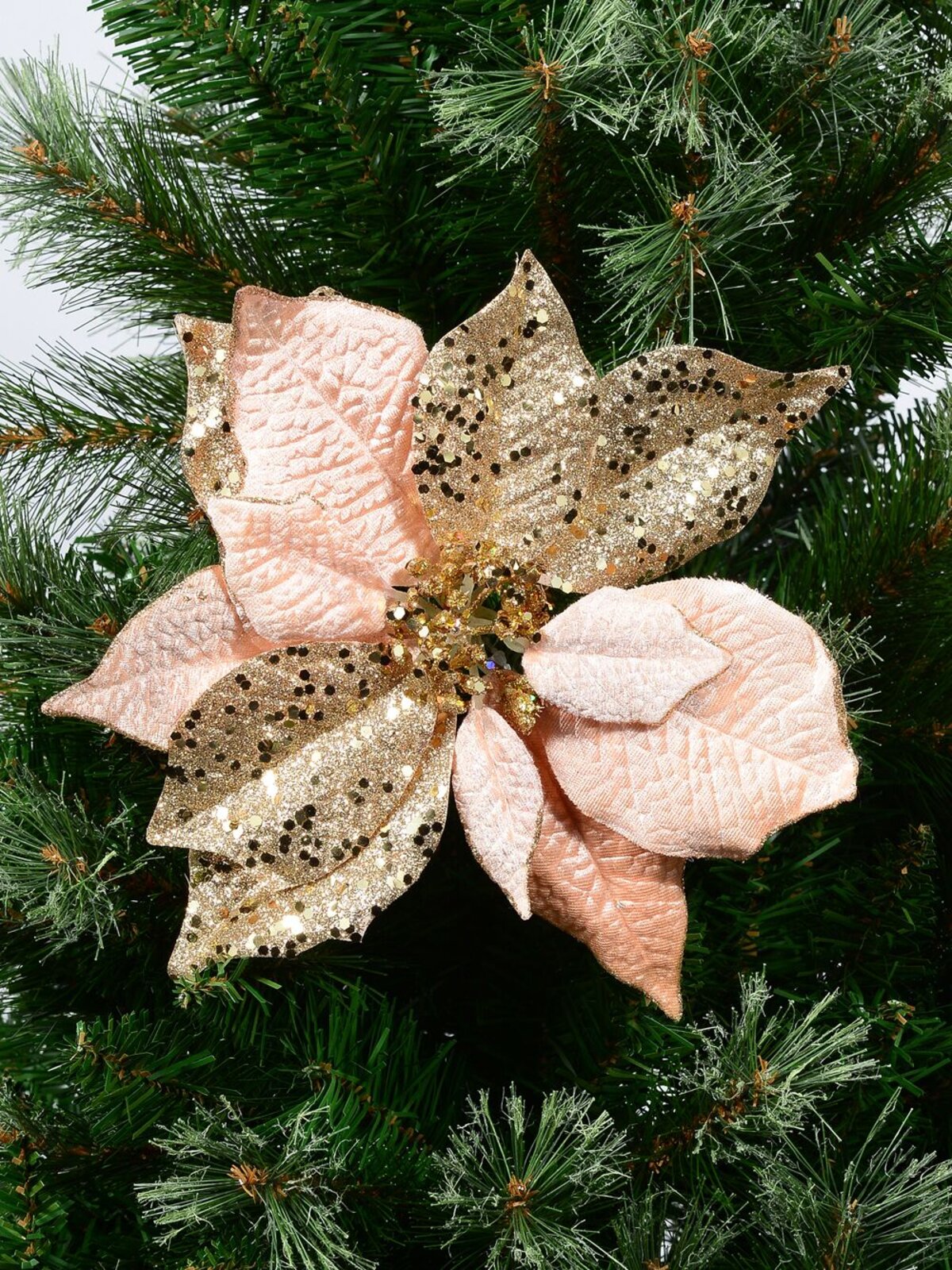 Pink & Gold Two Style Bract Poinsettia Christmas Tree Clip Pick | 24cm — image 2