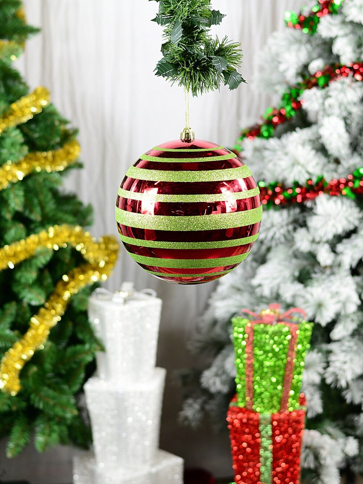 25cm Whimsical Red & Green Glitter Stripe Large Display Bauble — image 2