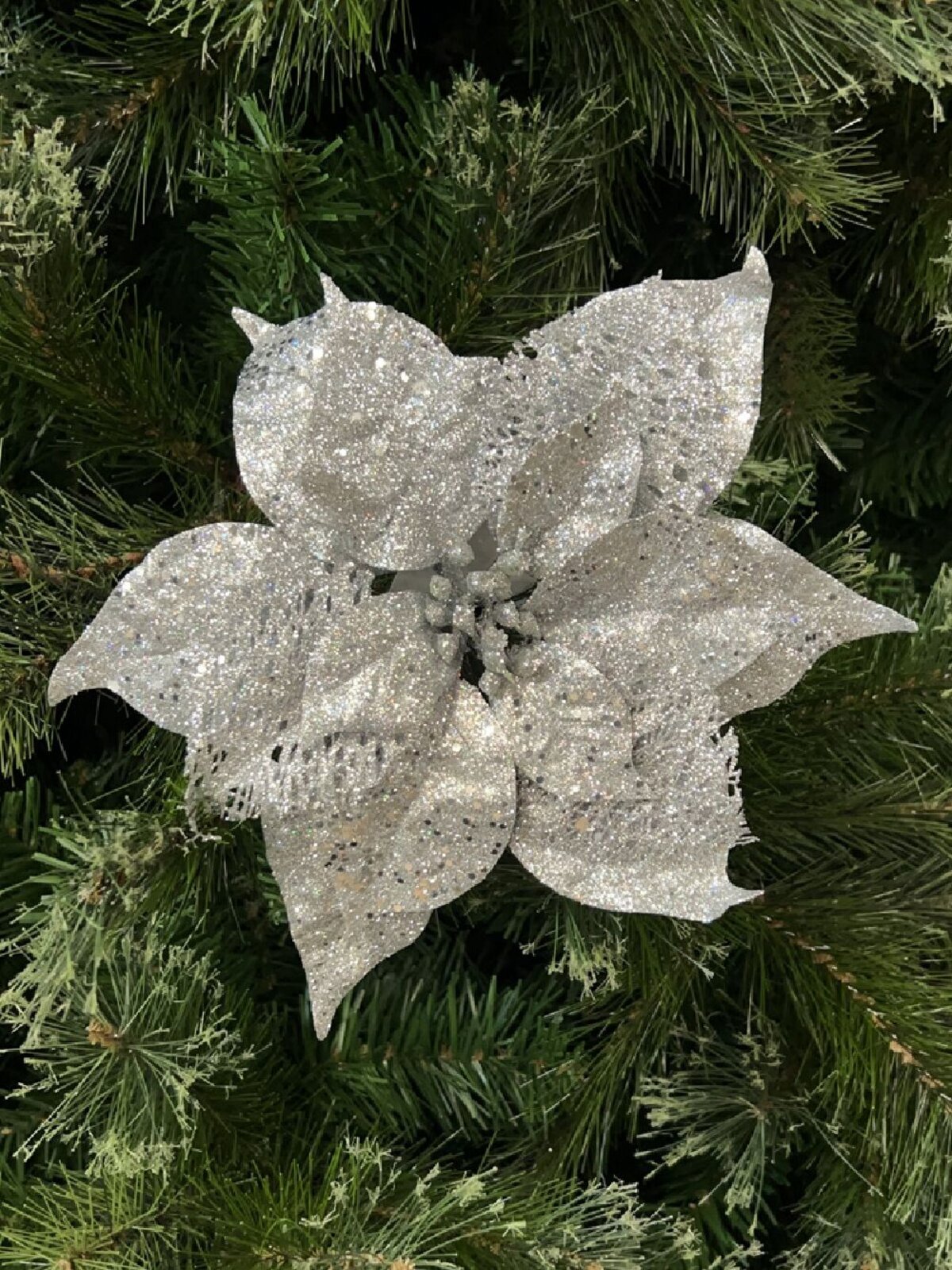 Silver Poinsettia Christmas Tree Clip Pick With Sequins & Glitter | 26cm — image 2