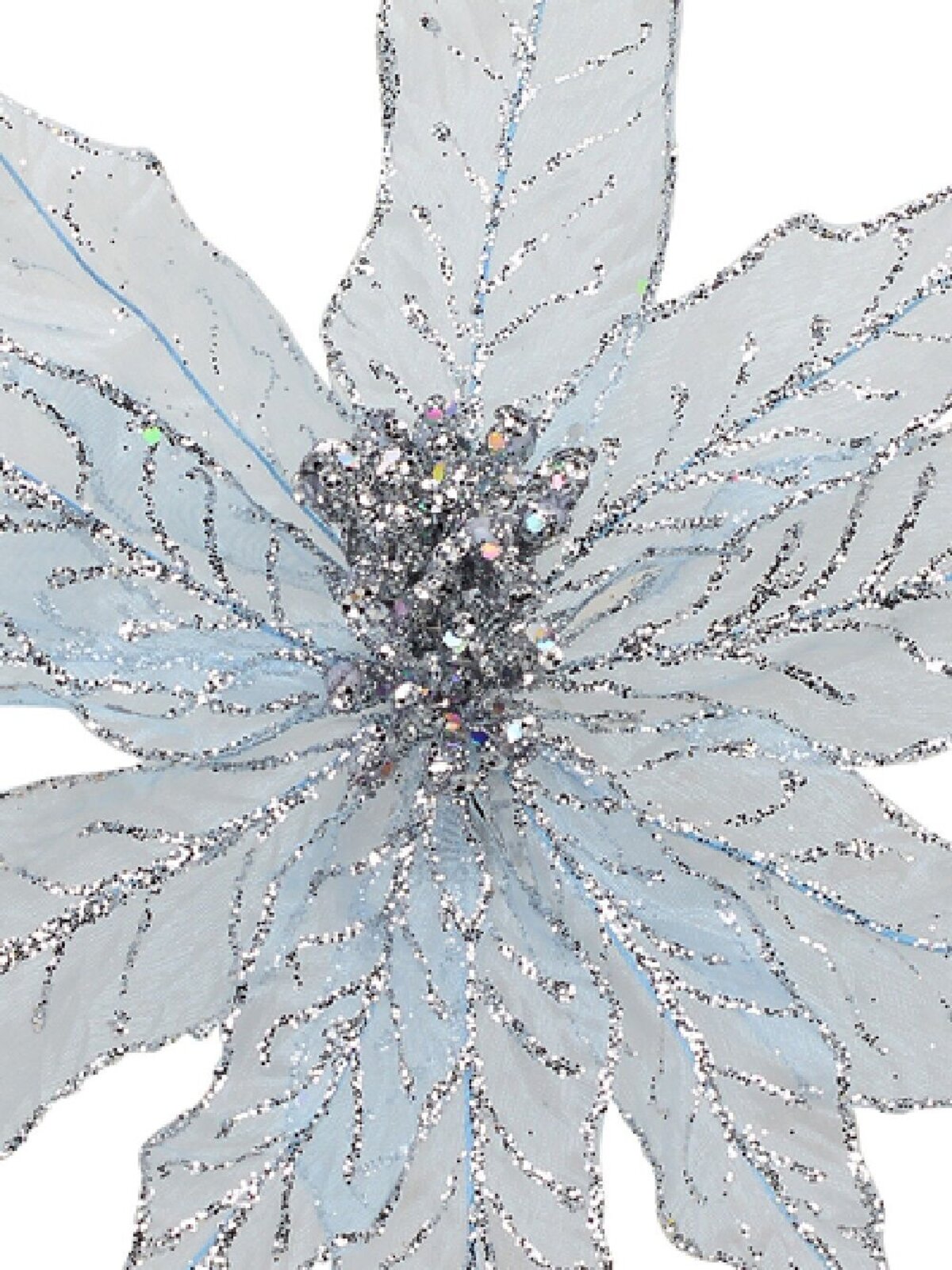 28cm Light Baby Blue Mesh Leaf Poinsettia Christmas Tree Clip Pick — image 3
