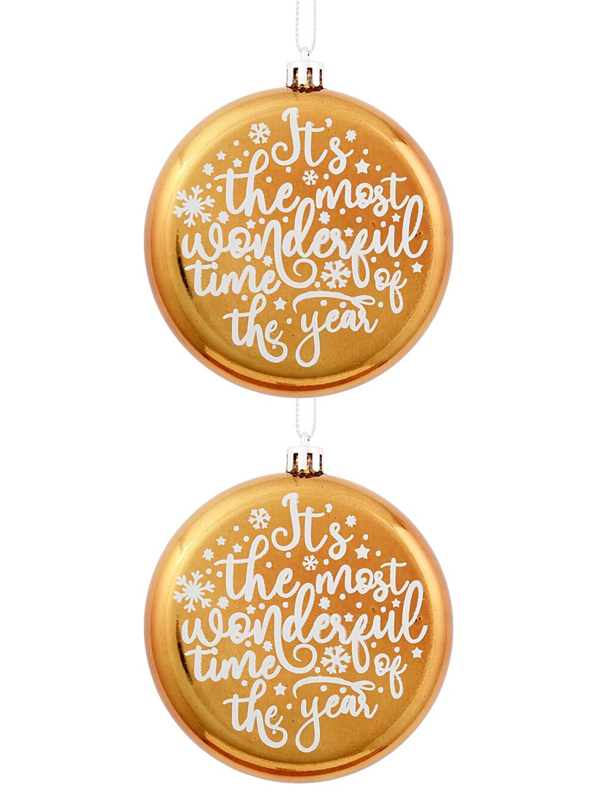 2x 11cm Wonderful Christmas Font On Gold Disc Tree Hanging Decorations — image 2