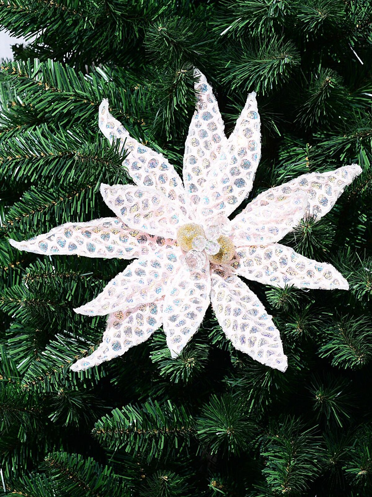 Light Pink Honeycomb Mesh & Sequin Poinsettia Christmas Tree Clip Pick | 30cm — image 2
