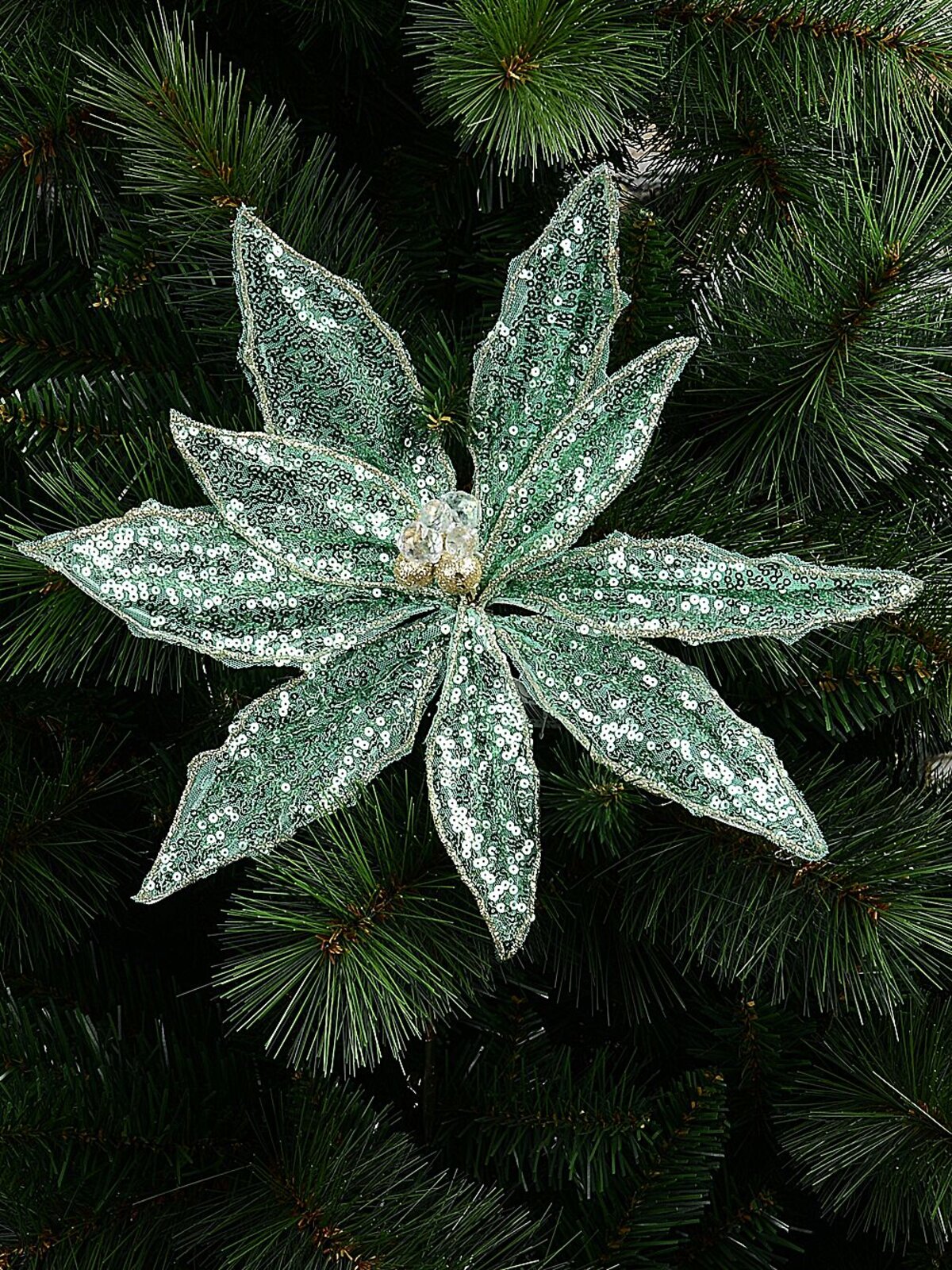 Mint Green Sequins On Mesh Poinsettia Christmas Tree Clip Pick | 30cm — image 2