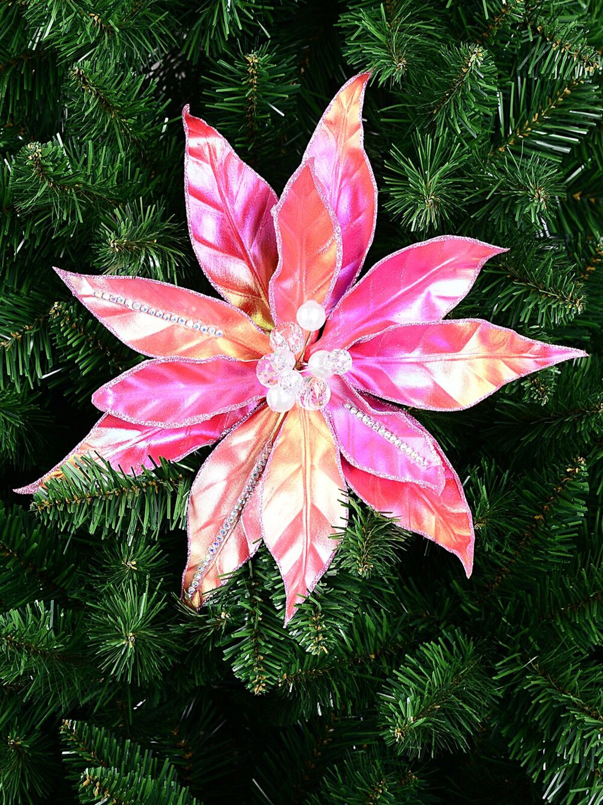 Hot Pink Iridescent With Diamantes Poinsettia Christmas Tree Clip Pick | 32cm — image 2