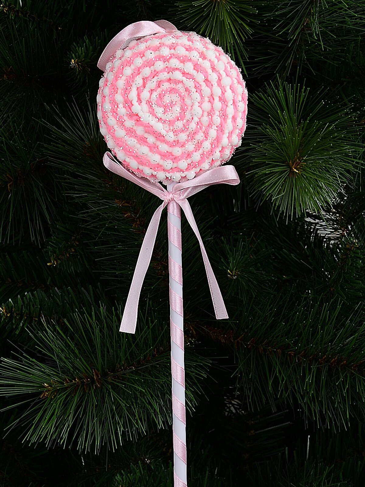 Pink & White Lollipop Swirl With Satin Bow Long Christmas Stem | 38cm — image 3