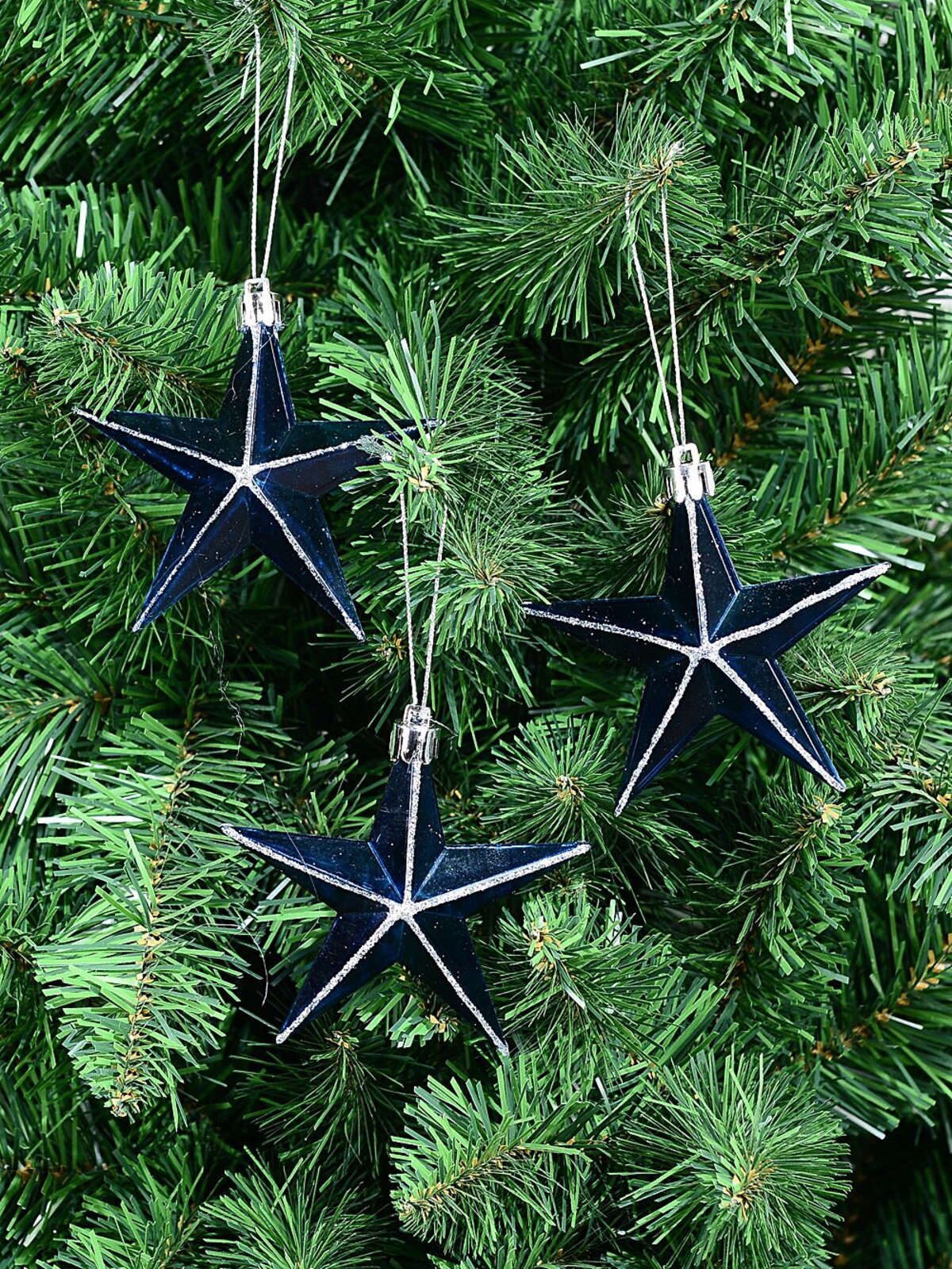 3x Whimsical Midnight Blue & Silver Essential Glitter Star Ornaments | 90mm — image 2