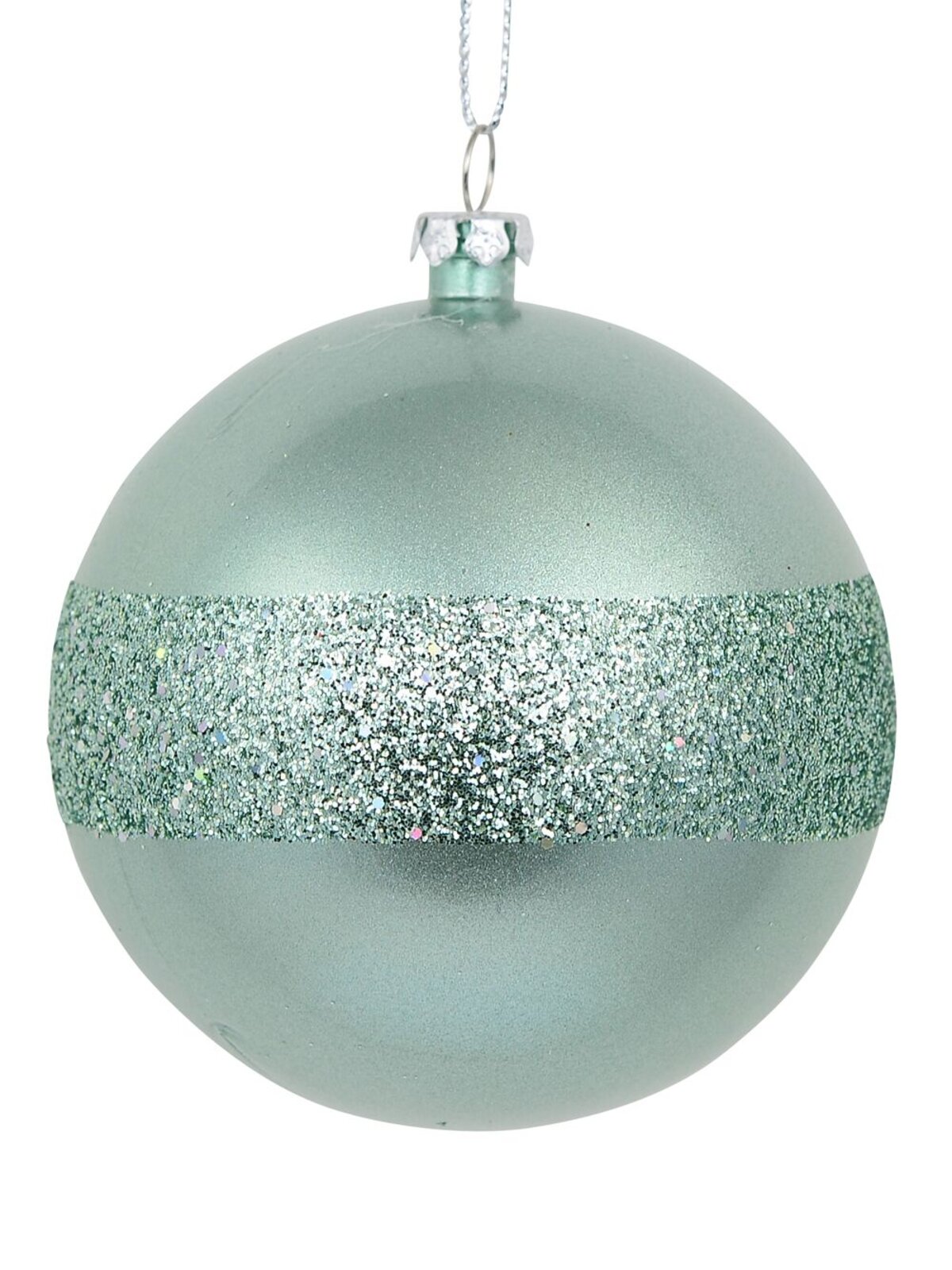 4 x 80mm Mint Pearl Green Christmas Baubles With Laser Glitter Band