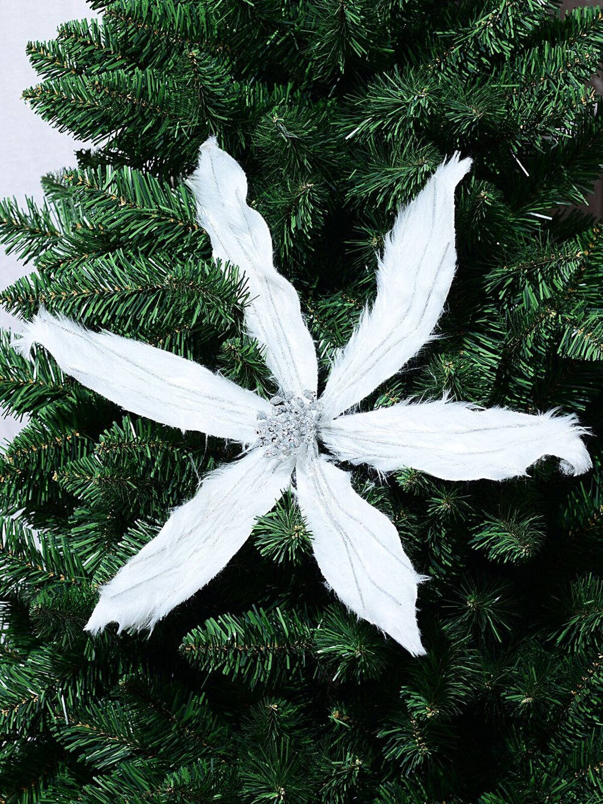 White Faux Fur & Silver Glitter Poinsettia Christmas Tree Clip Pick | 40cm — image 2
