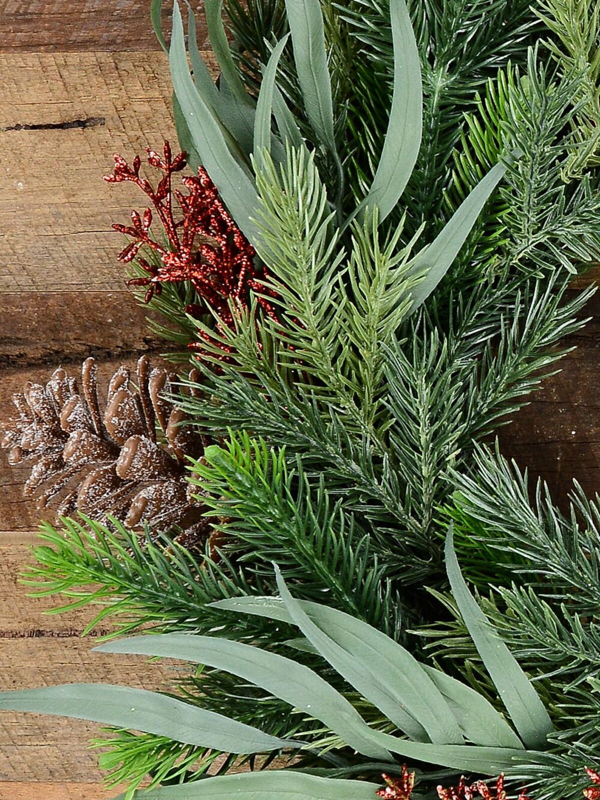 44cm Pine Tips With Eucalyptus Leaves, Flowers & Pinecones PVC Wreath — image 3