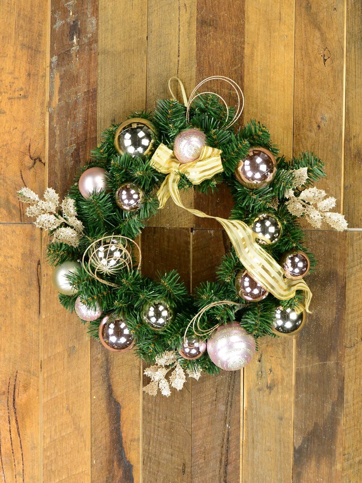 45cm Champagne & Pink Bauble, Holly Leaf & Whisker Loops Fir Wreath — image 2