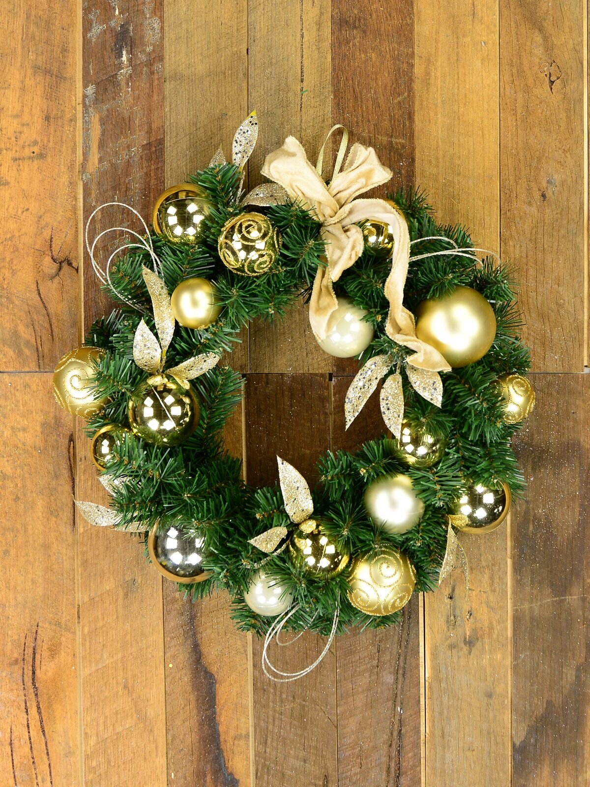 45cm Decorated Gold & Champagne Bauble, Leaf Stem & Bow Fir Wreath — image 2