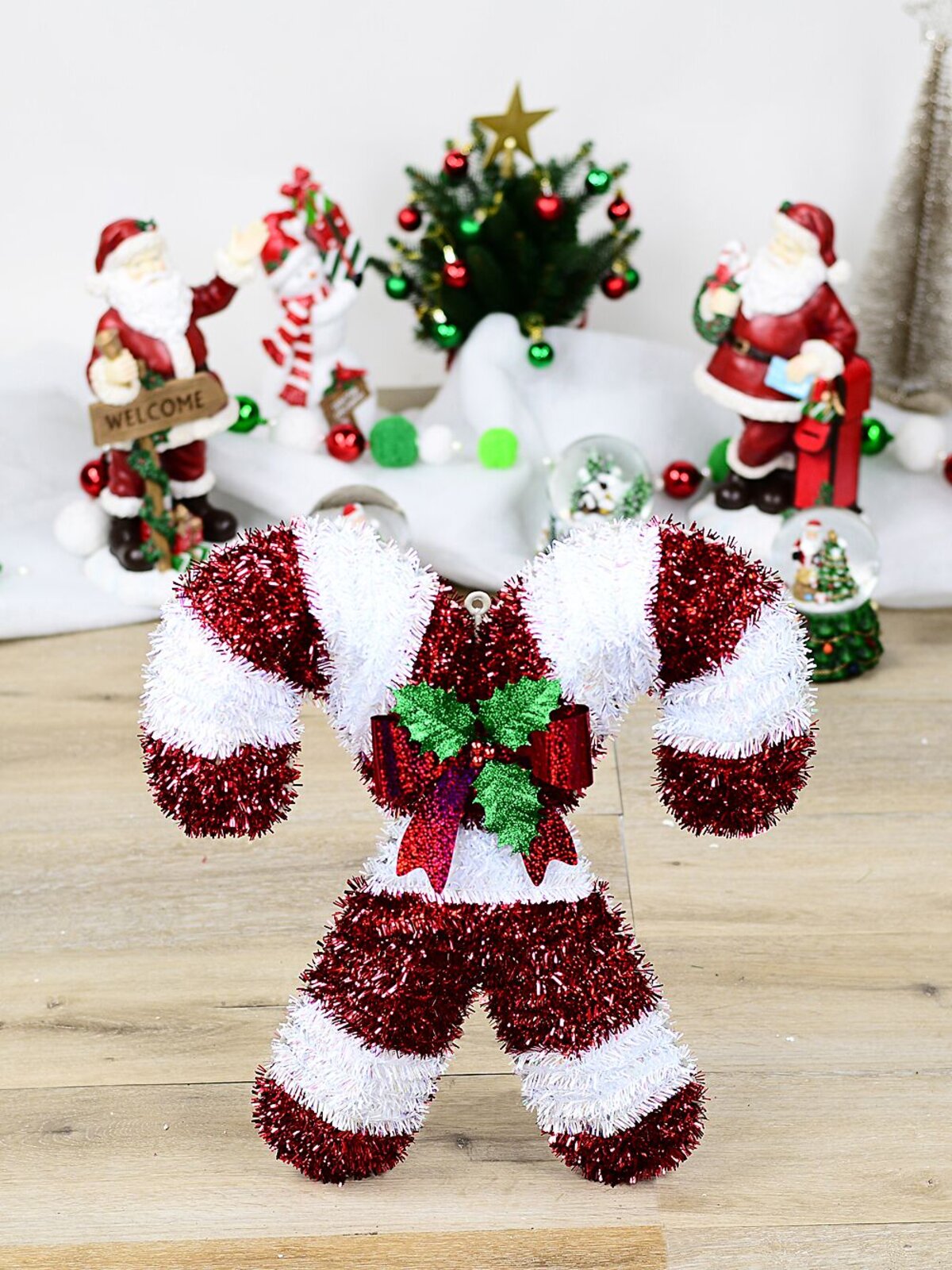 Red & Iridescent White Stripe Crossing Candy Canes Tinsel Plaque | 47cm — image 2